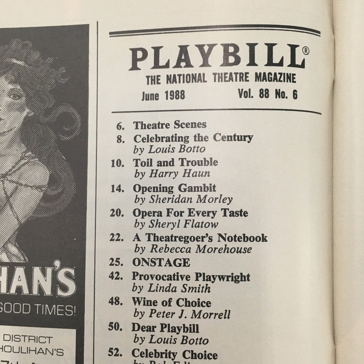 Interior page of the June 1988 Playbill, showcasing articles and features relevant to the theater scene of the time.