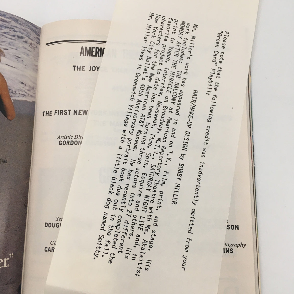 Supplemental credit note page from 'Green Card' Playbill, addressing omitted production details for hair and makeup design.