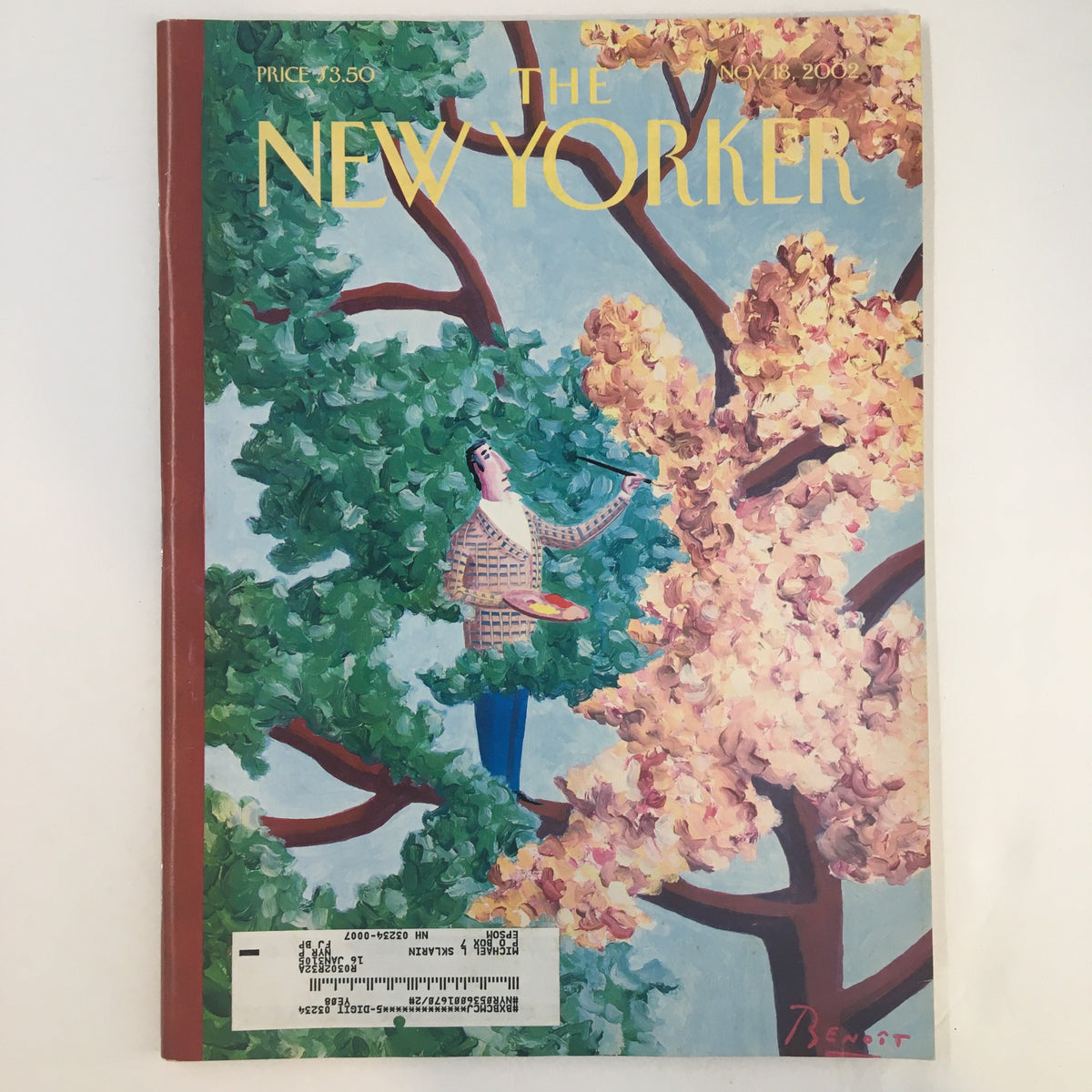 The New Yorker Full Magazine November 18 2002 cover illustrated by Benoit van Innis, featuring a serene autumn scene with a character painting amidst colorful autumn trees.