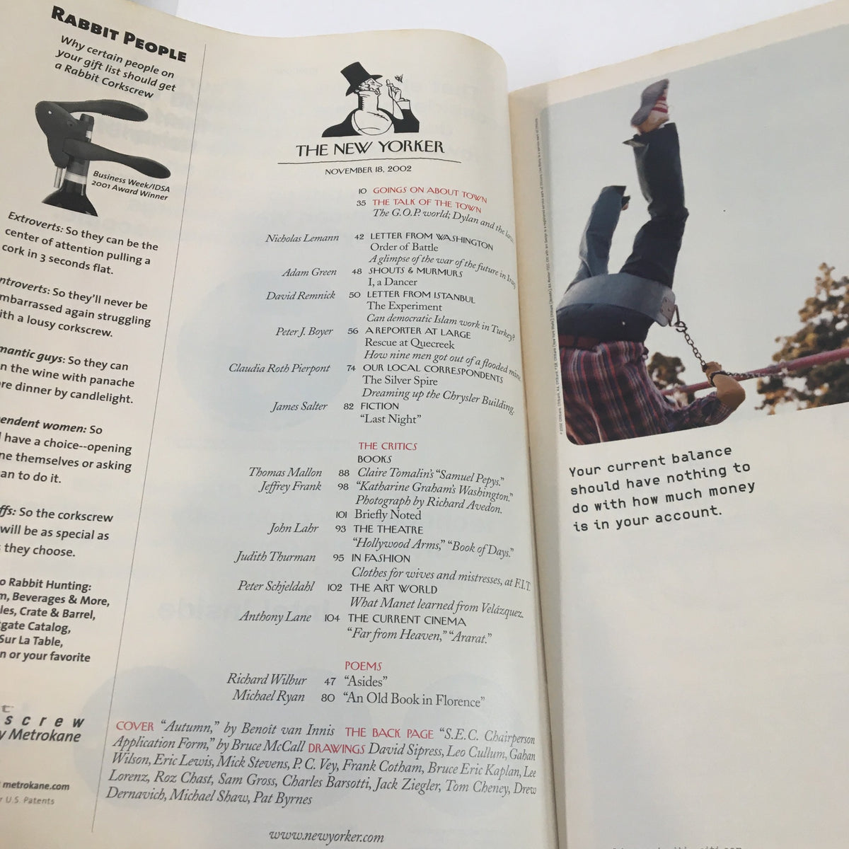 Interior page of The New Yorker Full Magazine November 18 2002, displaying article titles and content summary, reflecting the literary and cultural discussions of that time.