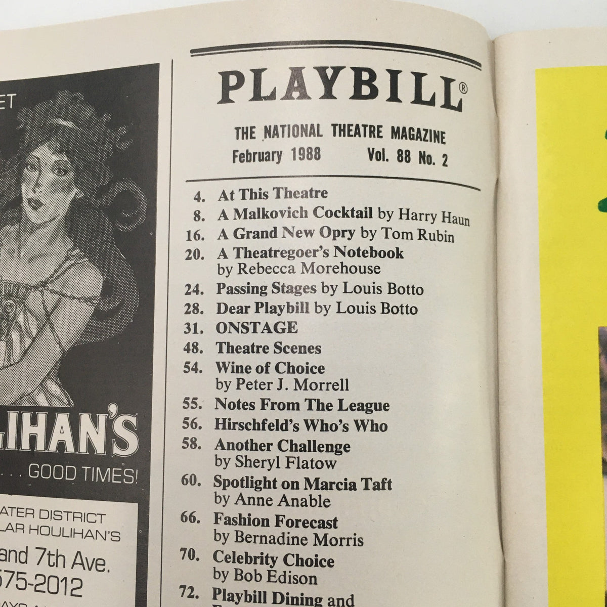 Inside of the 1988 Playbill from Booth Theatre, featuring various listings and articles from the February 1988 National Theatre Magazine.