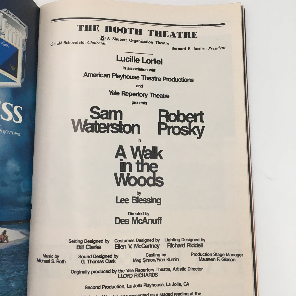 1988 Playbill from Booth Theatre featuring the play 'A Walk in the Woods' by Lee Blessing, showcasing cast members Sam Waterston and Robert Prosky.