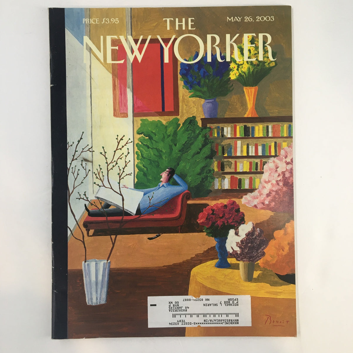 Cover of The New Yorker Full Magazine, May 26, 2003, featuring a colorful illustration of a serene indoor scene with a person reading in a sunroom, surrounded by plants and bookshelves.