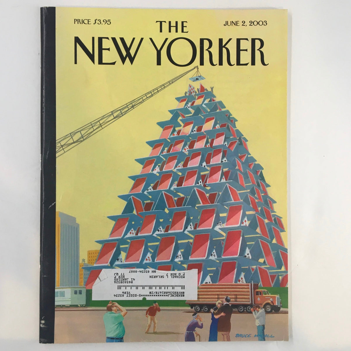 Cover of The New Yorker magazine from June 2, 2003, featuring an illustration by Bruce McCall with a whimsical depiction of a house of cards stacked high, showcasing the magazine's classic art style.