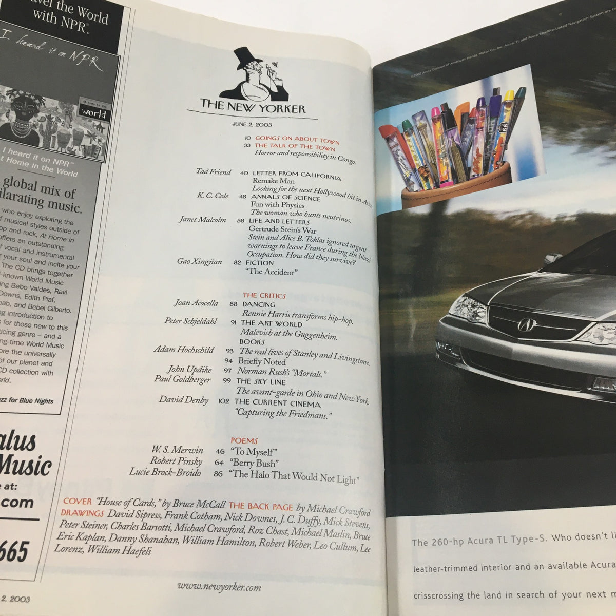 Interior page of The New Yorker magazine from June 2, 2003, highlighting the table of contents including the article 'House of Cards' by Bruce McCall and various other features, providing a glimpse into the publication's literary offerings.