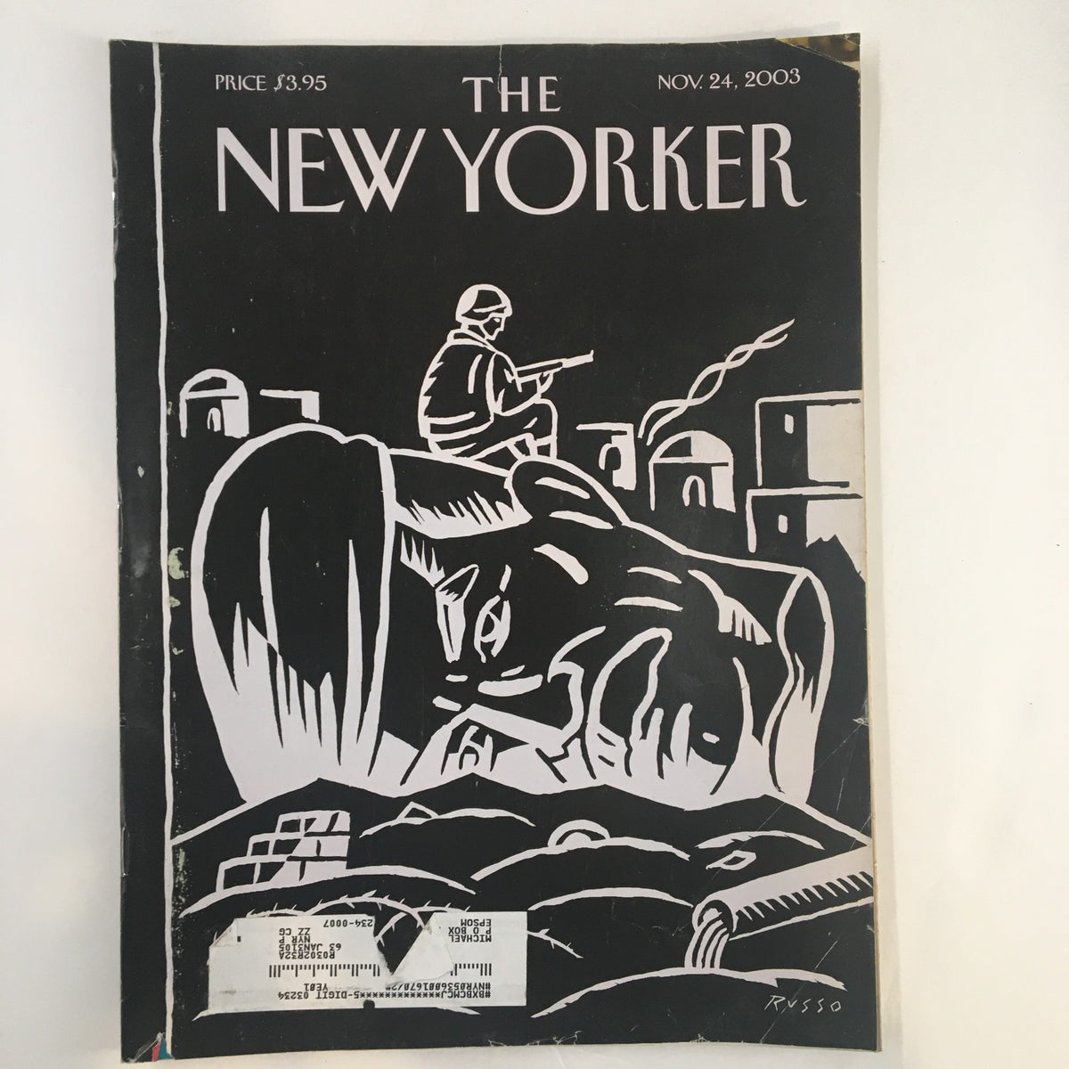 Cover of The New Yorker Full Magazine November 24, 2003 featuring artwork depicting a soldier and cityscape by Anthony Russo.