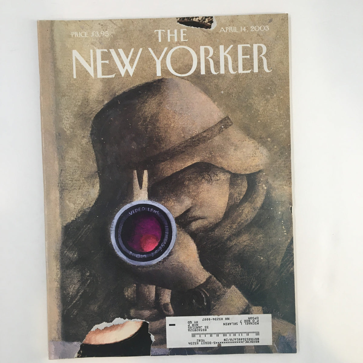 The New Yorker Full Magazine April 14 2003 Action by Ana Juan featuring an artistic cover illustration with a figure holding a camera.