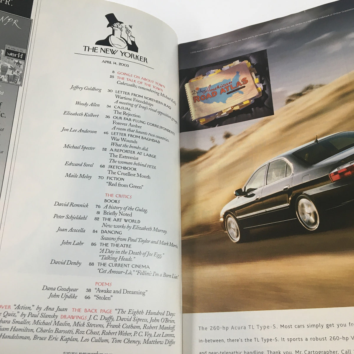 Interior page of The New Yorker Full Magazine April 14 2003 Action by Ana Juan, featuring article titles and a visually striking ad.