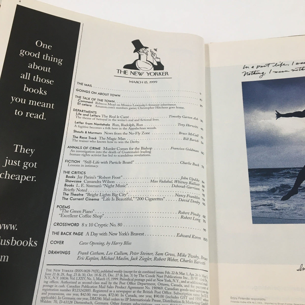 Contents page of The New Yorker Full Magazine March 15 1999, detailing articles and features from this vintage issue.