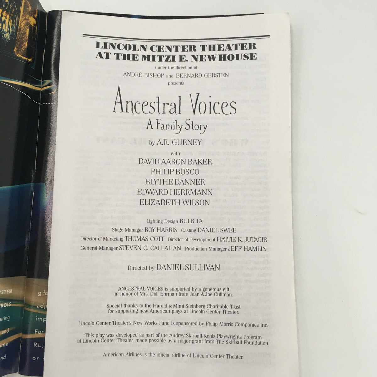 Cast and production details for 'Ancestral Voices A Family Story' by A.R. Gurney in the 1999 Playbill at Mitzi E. Newhouse Theatre.
