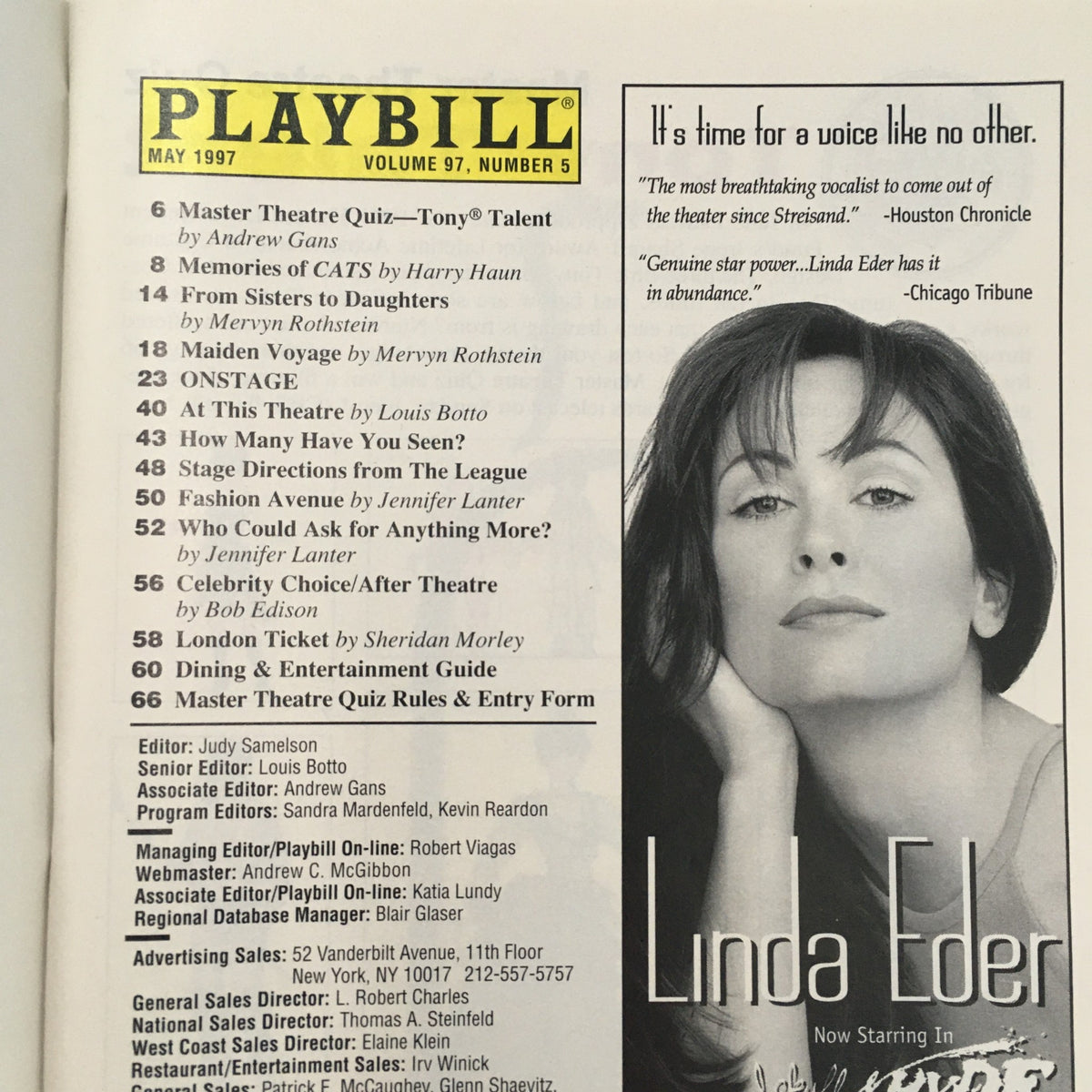 Cover of the May 1997 Playbill featuring the Manhattan Theatre Club with notable quotes about theatrical performances.