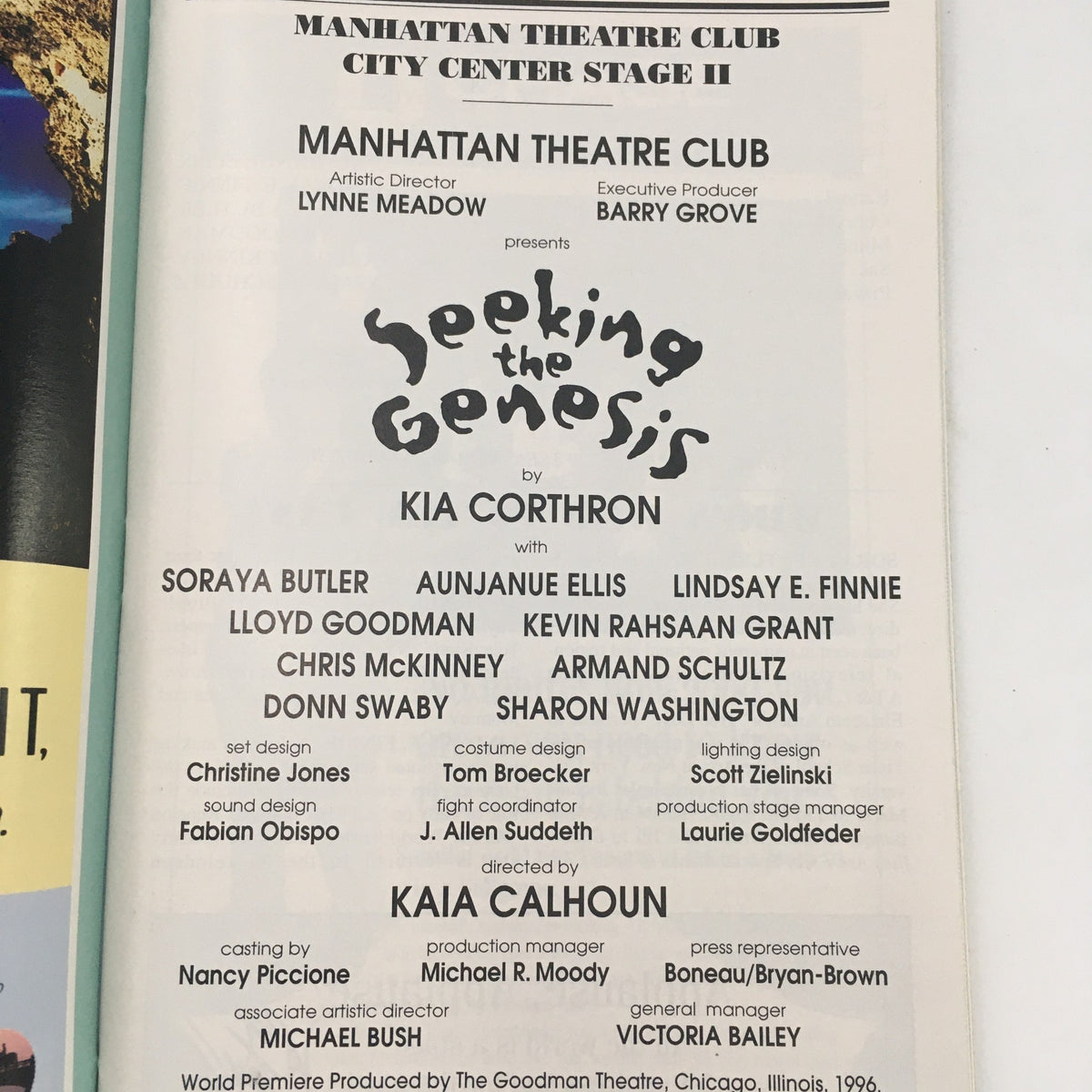 Inside page of the 1997 Playbill for 'Seeking the Genesis' by Kia Corthron, detailing cast and crew, along with the production's listing.