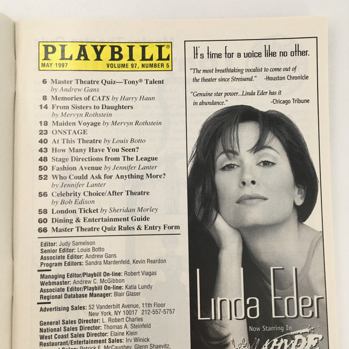 1997 Playbill for The Little Foxes showcasing the table of contents and featuring actress Linda Eder, highlighting theatrical content from May 1997.