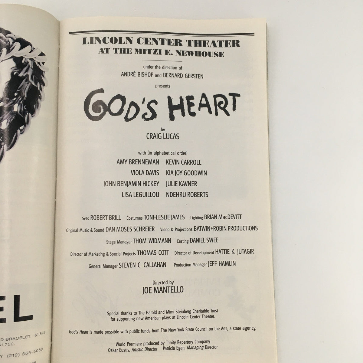 Cast and crew page from the 1997 Playbill for 'God's Heart', listing key contributors and production details, enriching the theater memorabilia.