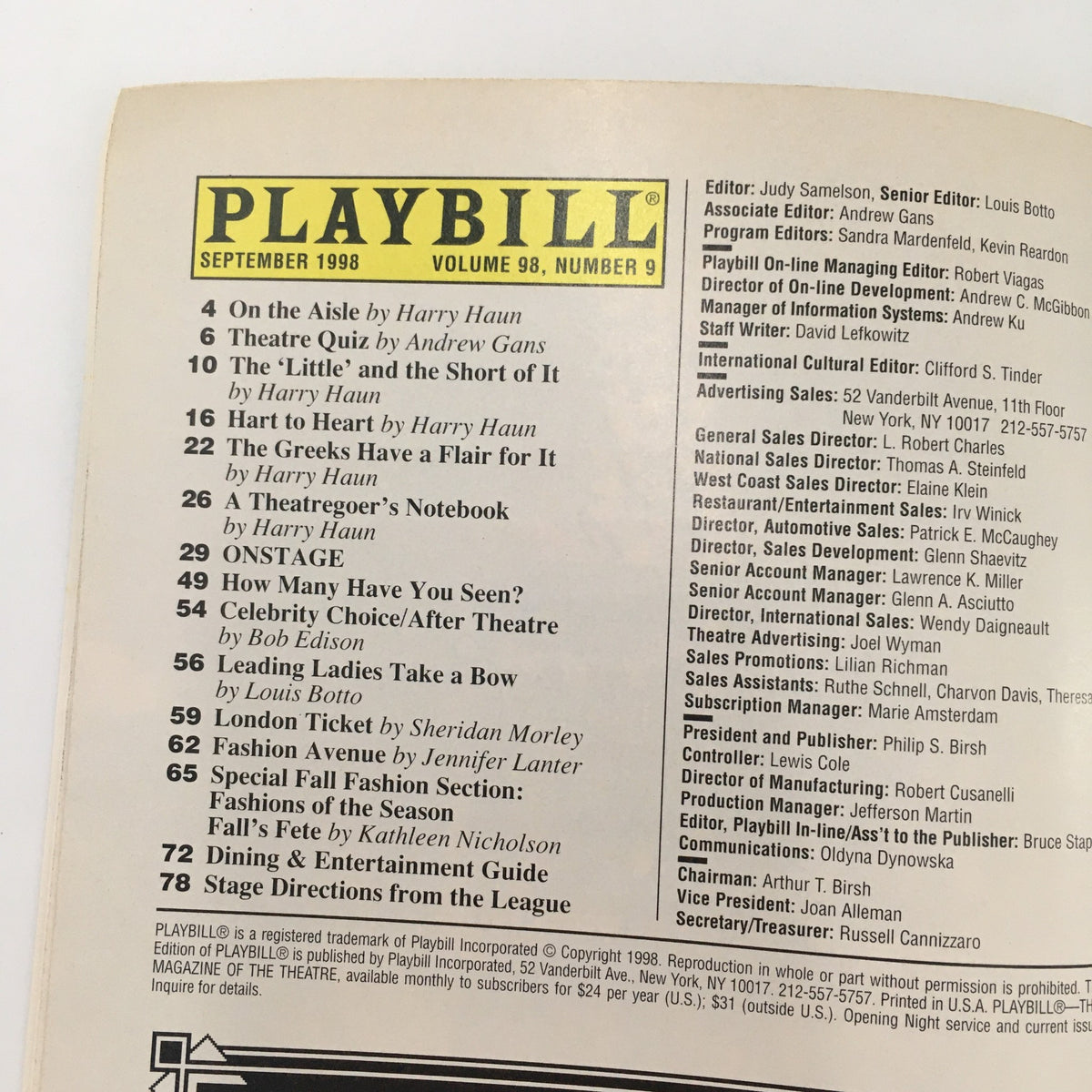 Inside page of the 1998 Playbill for 'Collected Stories' by Donald Margulies at the Lucille Lortel Theatre, featuring the table of contents and editorial notes.