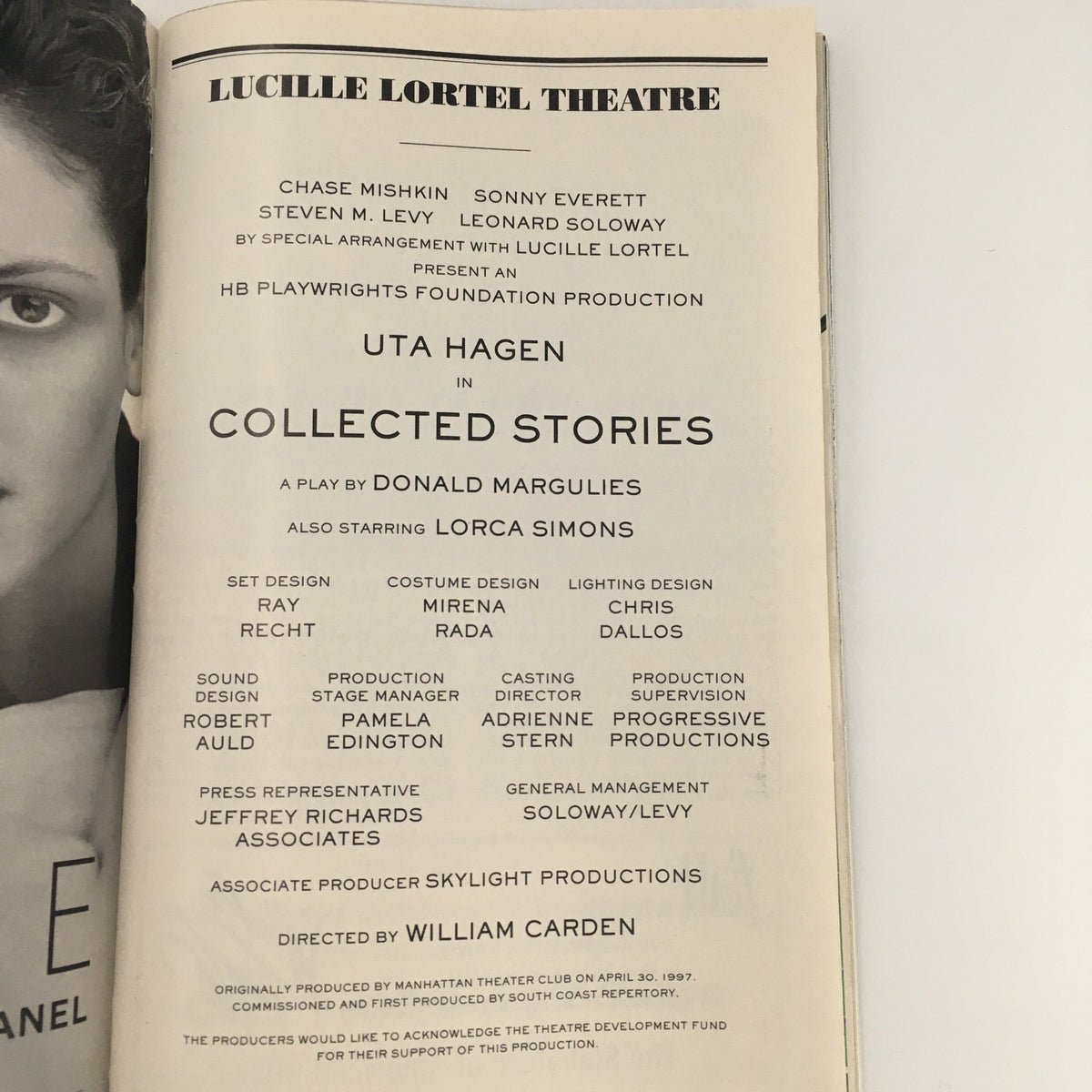 The production credits page from the 1998 Playbill for 'Collected Stories' by Donald Margulies, showcasing cast and crew details at the Lucille Lortel Theatre.
