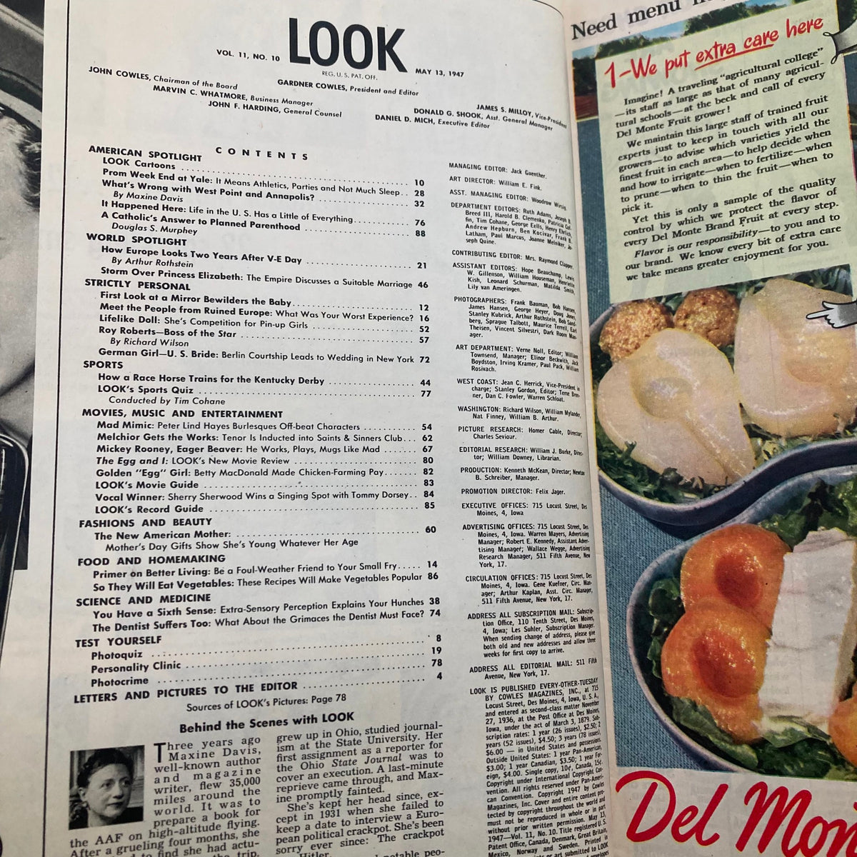 Interior page of VTG Look Magazine from May 13, 1947, Volume 11, Issue 10, featuring contents including articles on American life, sports, movies, and feature stories around 'The New American Mother' theme.