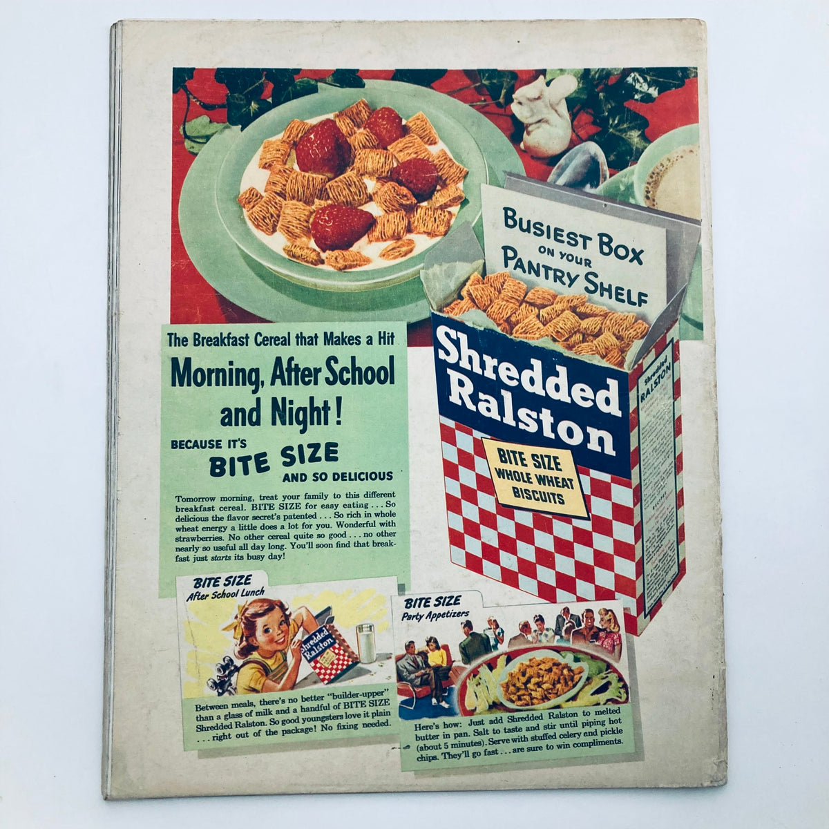 Back cover of VTG Look Magazine from May 13, 1947, Volume 11, Issue 10, showcasing an advertisement for Shredded Ralston cereal with vibrant images and promotional text highlighting its bite-size appeal.