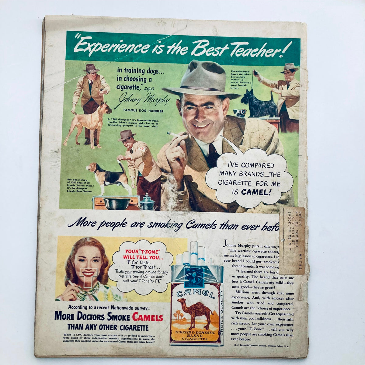 Back cover of VTG Look Magazine November 11 1947, showcasing a vintage advertisement for Camel cigarettes, highlighting the brand's popularity during the late 1940s.