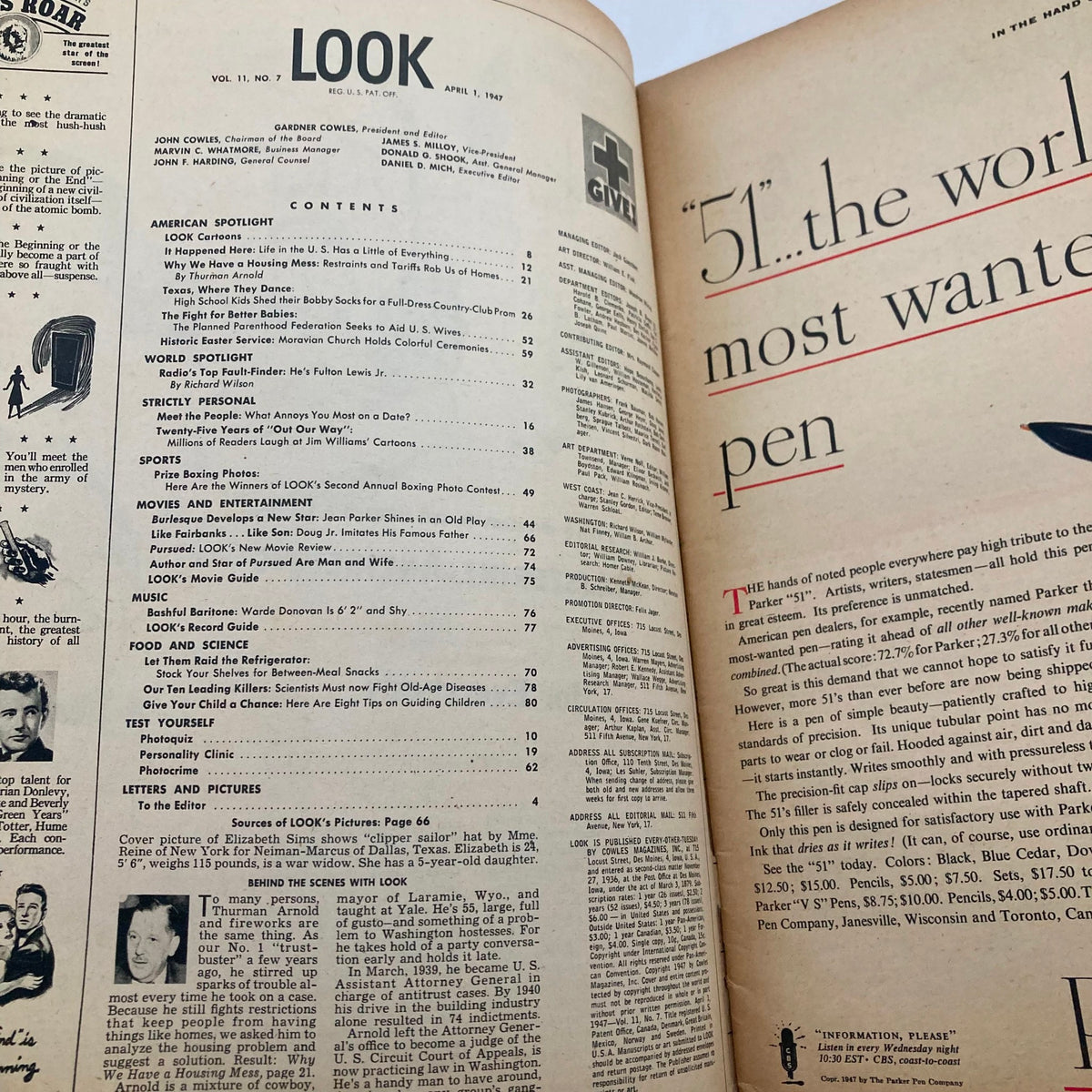 Inside page of VTG Look Magazine April 1 1947 Vol 11 No. 7 showing the table of contents and features, capturing mid-century American culture and articles.