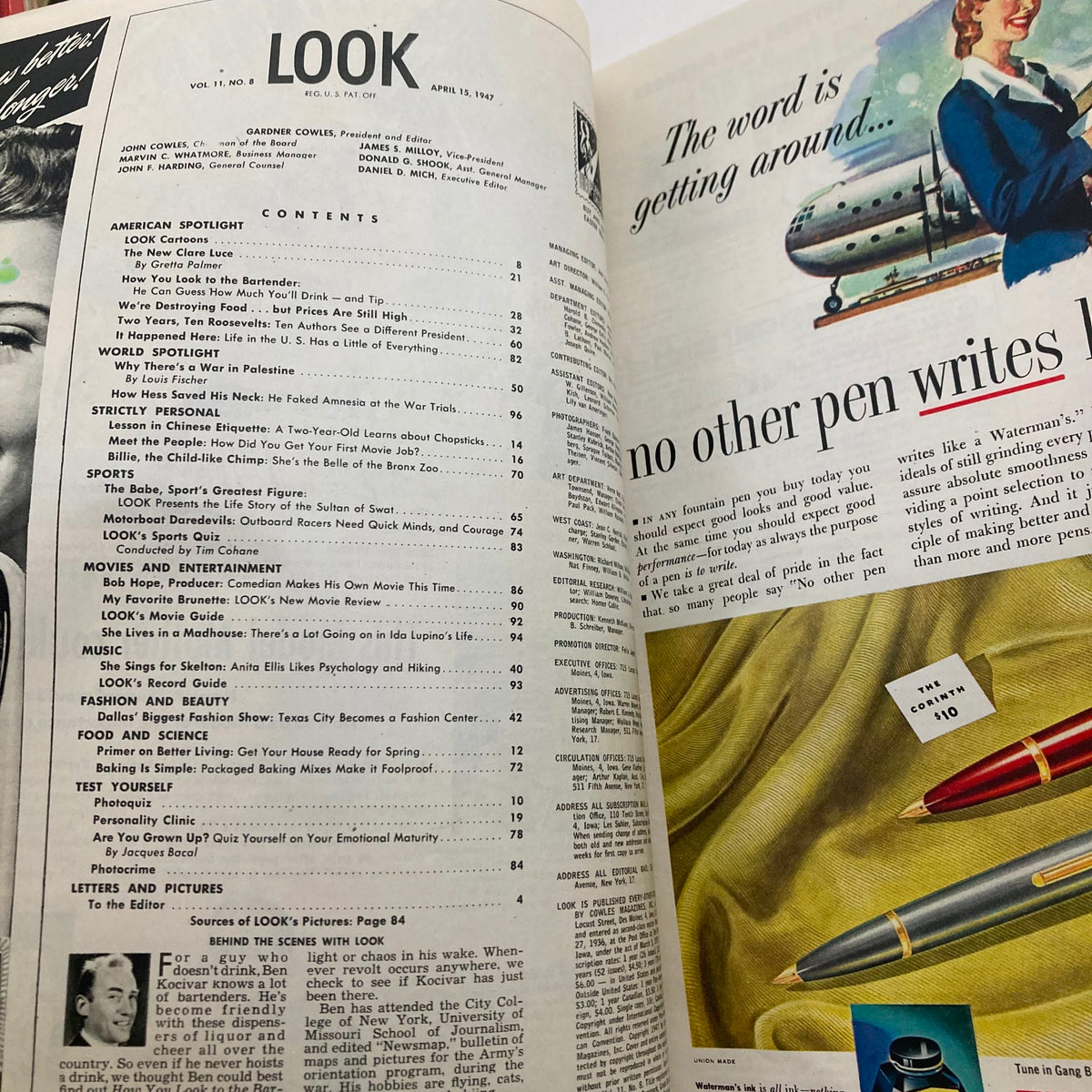 Interior page of VTG Look Magazine April 15 1947 displaying the table of contents and articles covering culture and society in 1940s America.