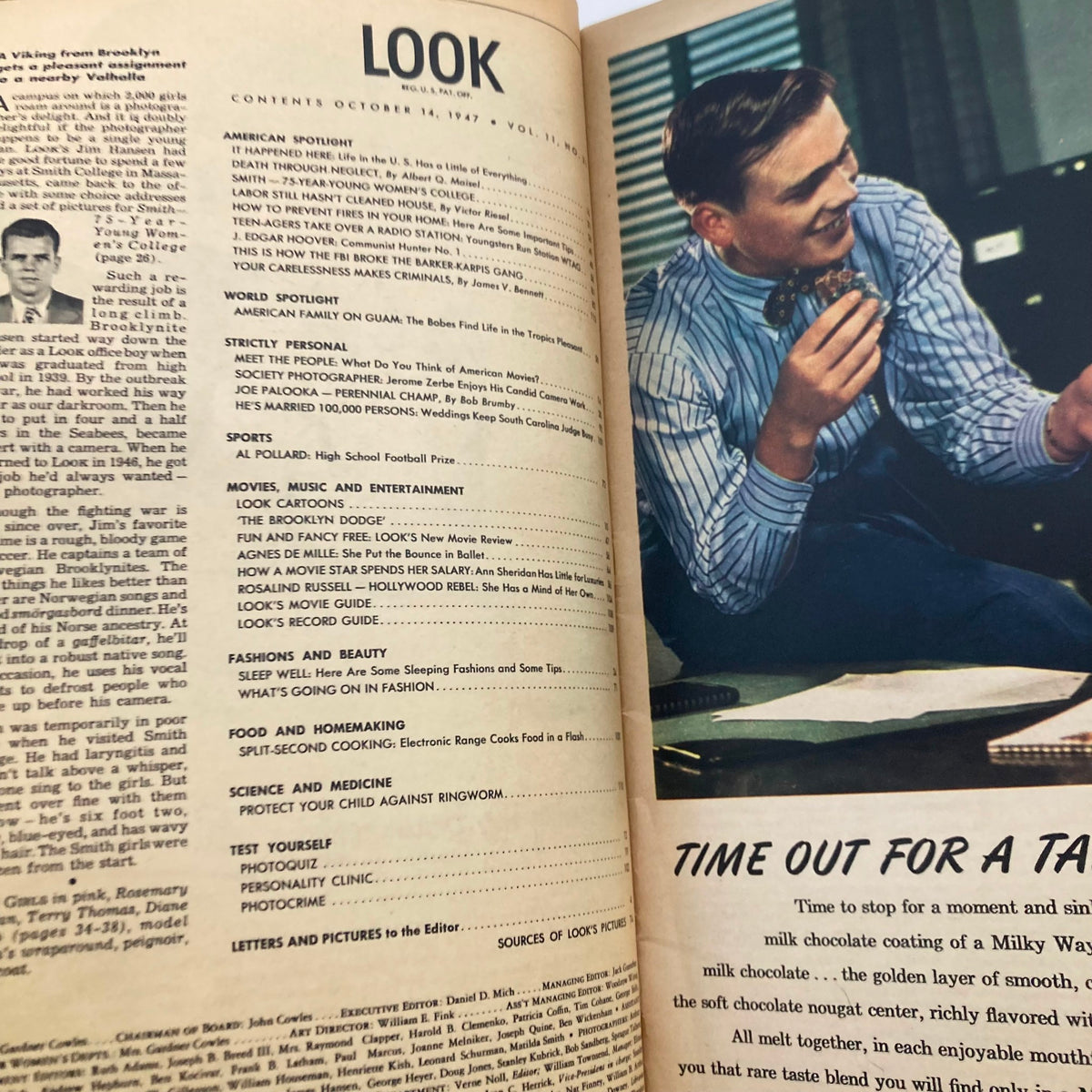 Interior page of VTG Look Magazine from October 14, 1947 showing the table of contents and a man enjoying a snack.