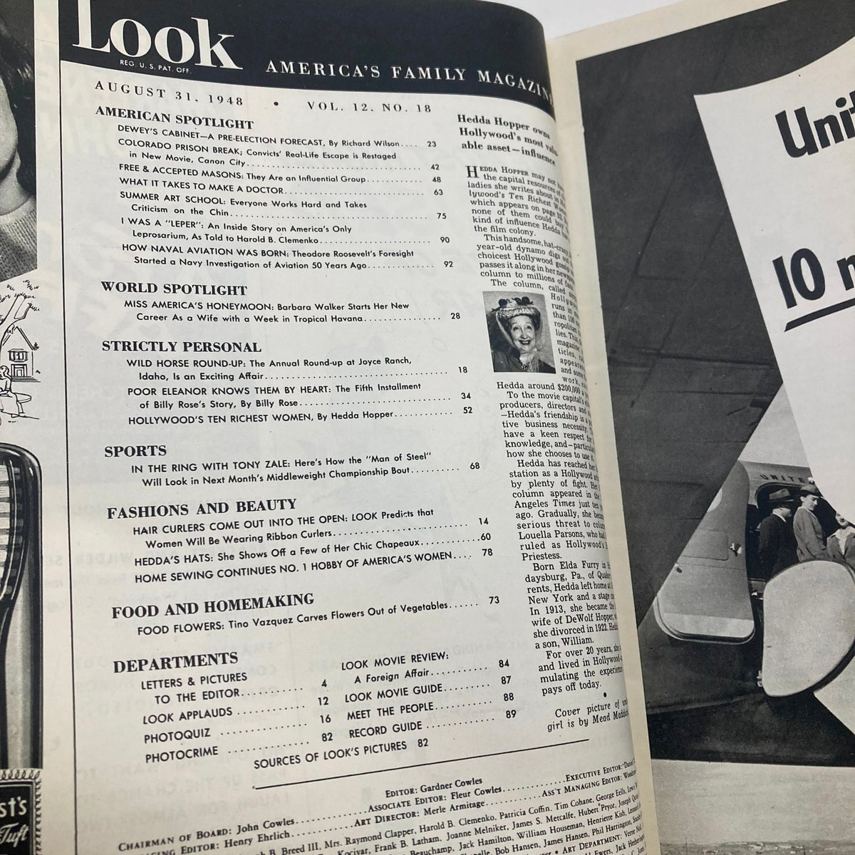 Table of contents for VTG Look Magazine August 31 1948 Vol 12 No. 18 listing articles and features, including Dewey's Cabinet and Hedda Hopper.