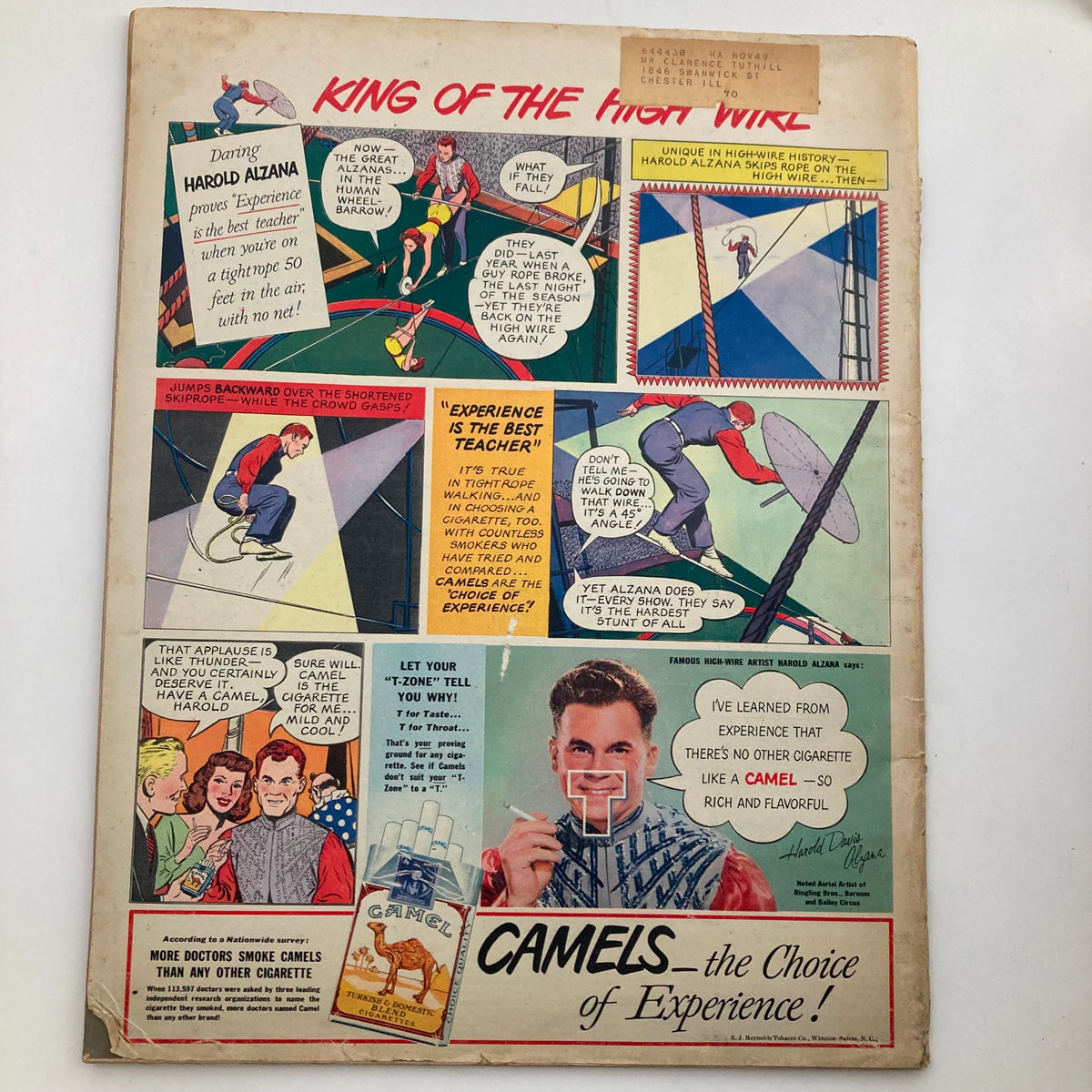 Back cover of VTG Look Magazine October 12 1948, Vol 12 No. 21 featuring an advertisement for Camel cigarettes and an illustration of Harold Alzana, a high-wire performer.