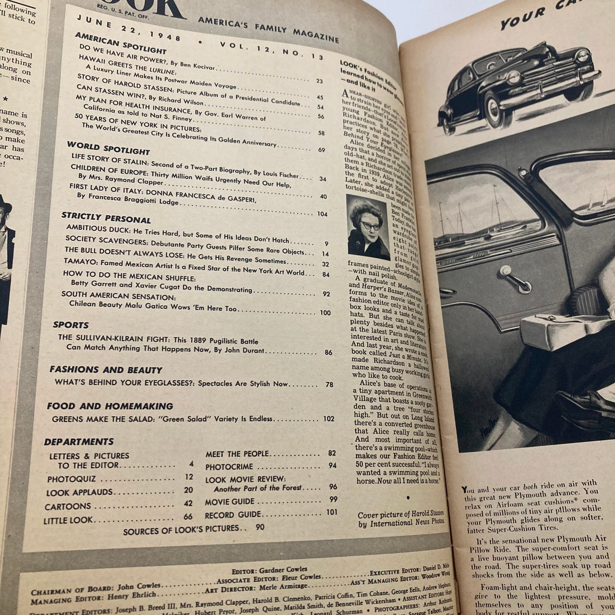 Internal page of VTG Look Magazine June 22 1948 Vol 12 No. 13 featuring articles and highlights from the issue, including a cover story about Harold E. Stassen.