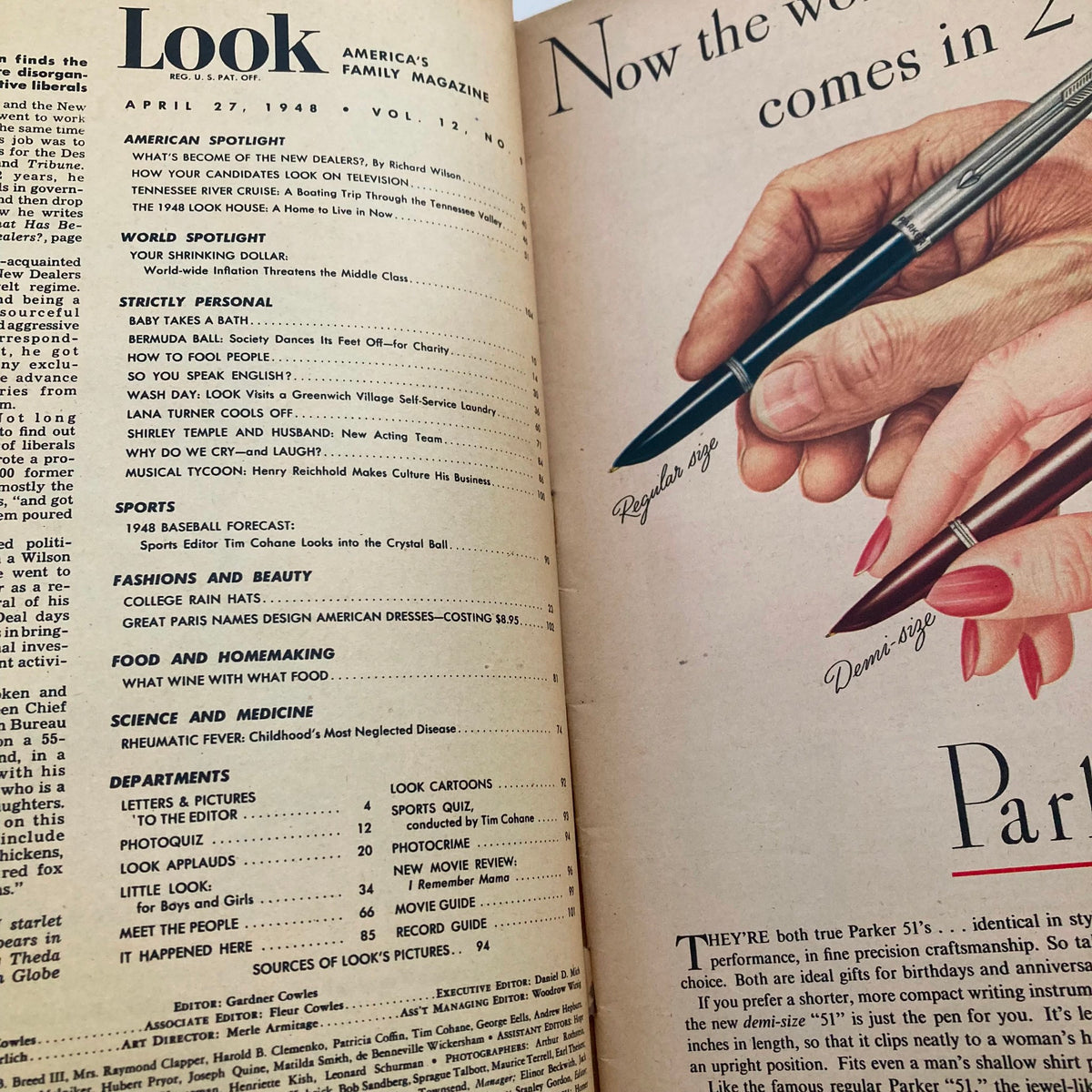 Interior page of VTG Look Magazine April 27 1948, showcasing the table of contents with articles on political and cultural topics of the time.