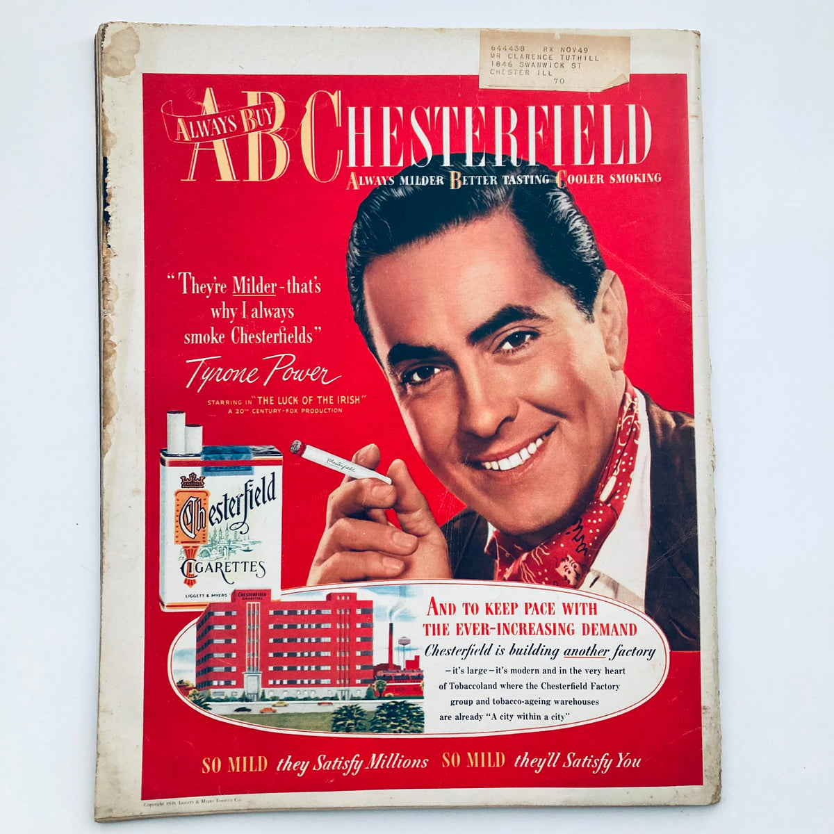 Advertisement page from VTG Look Magazine November 23 1948, featuring a colorful Chesterfield cigarettes ad with Tyrone Power promoting the brand. The ad reflects the marketing style and cultural norms of the late 1940s.