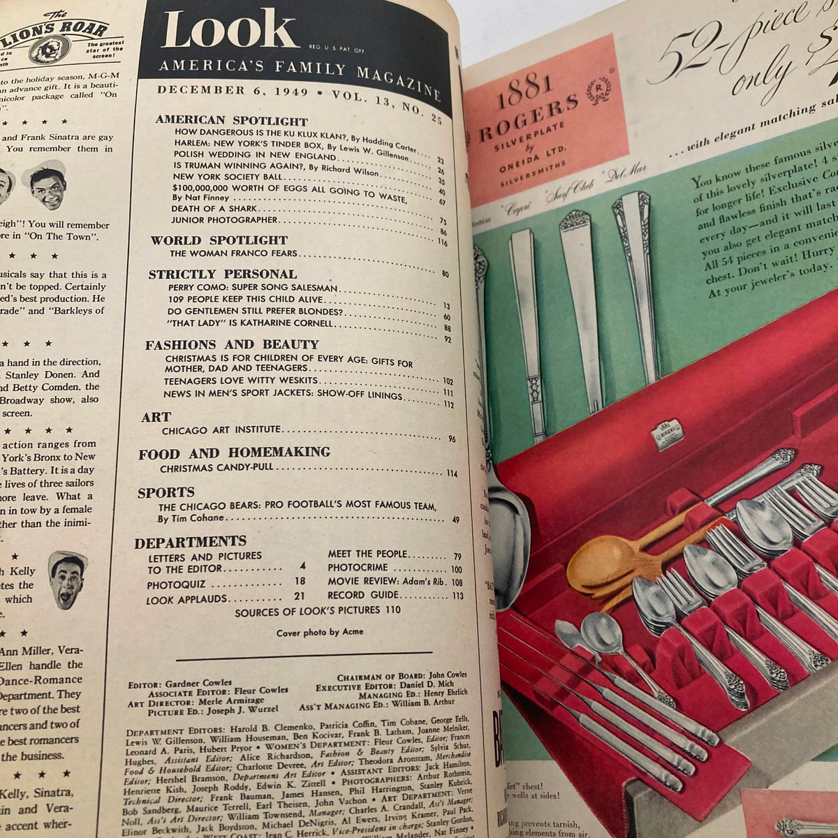 Interior page of Look Magazine, December 6, 1949, highlighting articles including American Spotlight and World Spotlight alongside elements of the magazine's structure and advertisements.