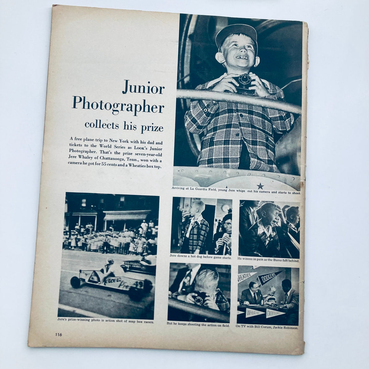 Page 116 from Look Magazine, December 6, 1949, illustrating a segment on a Junior Photographer, featuring a young boy with a camera and his experience winning a photography prize.