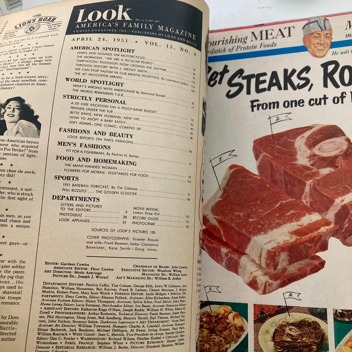 VTG Look Magazine April 24 1951 Vol 15 No. 9 Contents page displaying various topics including Fashions, Food, and Sports.