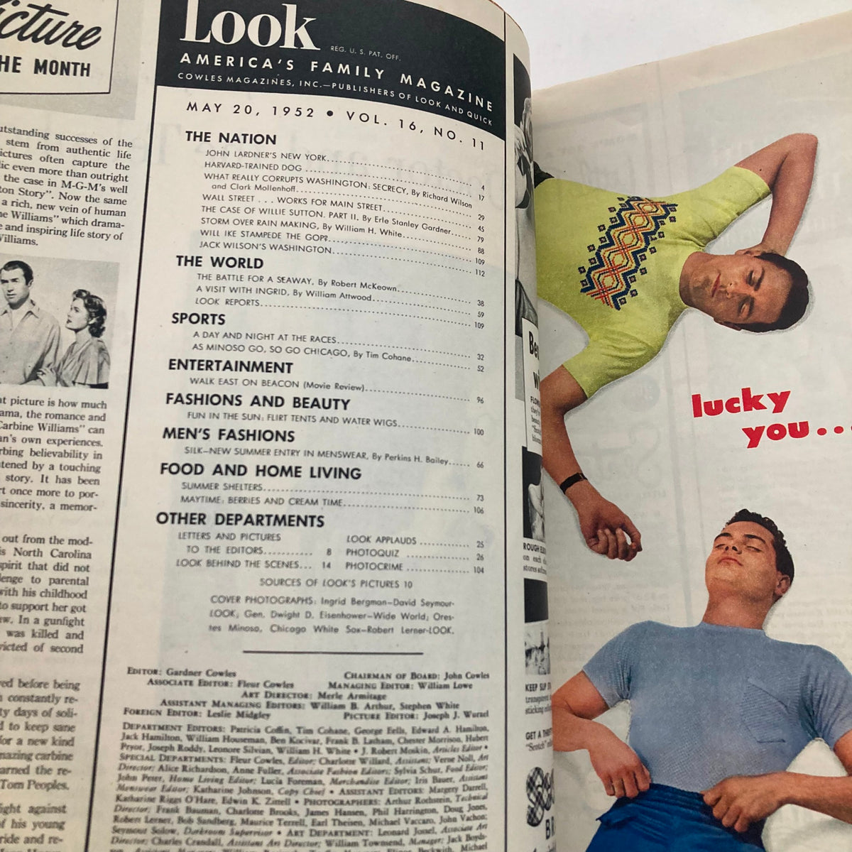 Table of contents page from VTG Look Magazine May 20, 1952, showcasing various articles and sections including features on entertainment, fashion, and sports.
