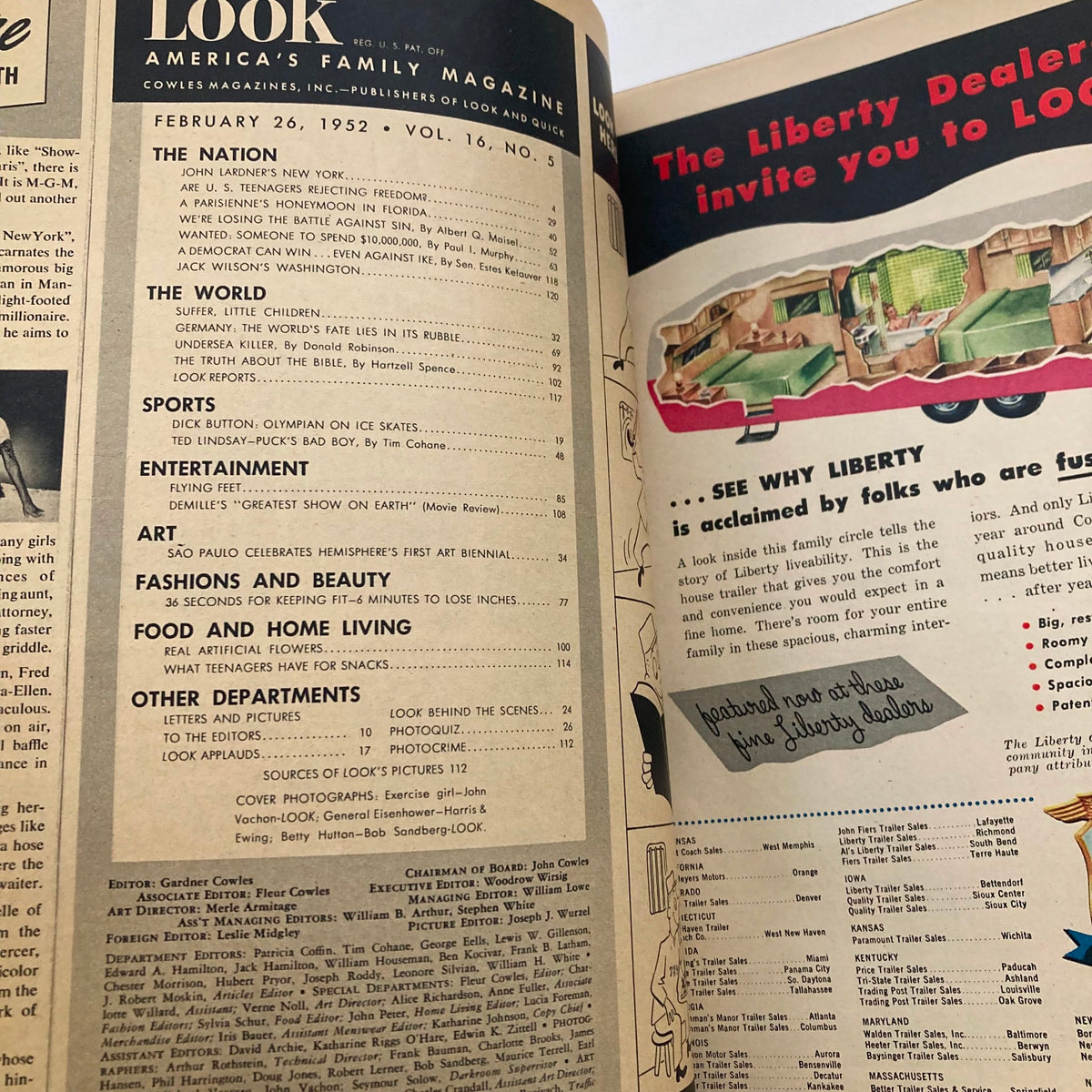 Interior page of VTG Look Magazine February 26, 1952, Vol 16 No. 5 displaying the table of contents and highlighted articles reflecting American culture in the 1950s.