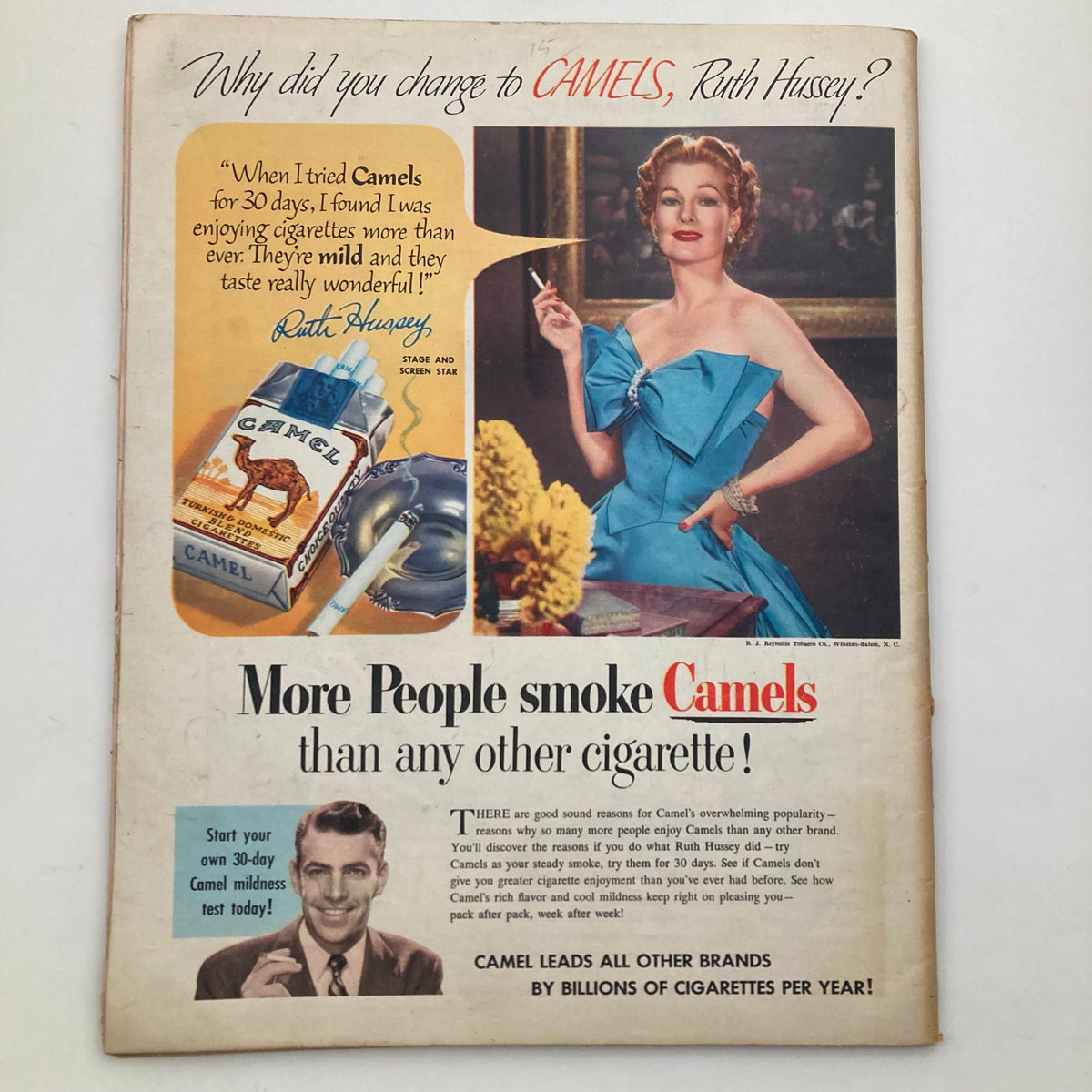 Back cover of Look Magazine November 4, 1952, featuring an advertisement for Camel cigarettes with actress Ruth Hussey promoting the brand.
