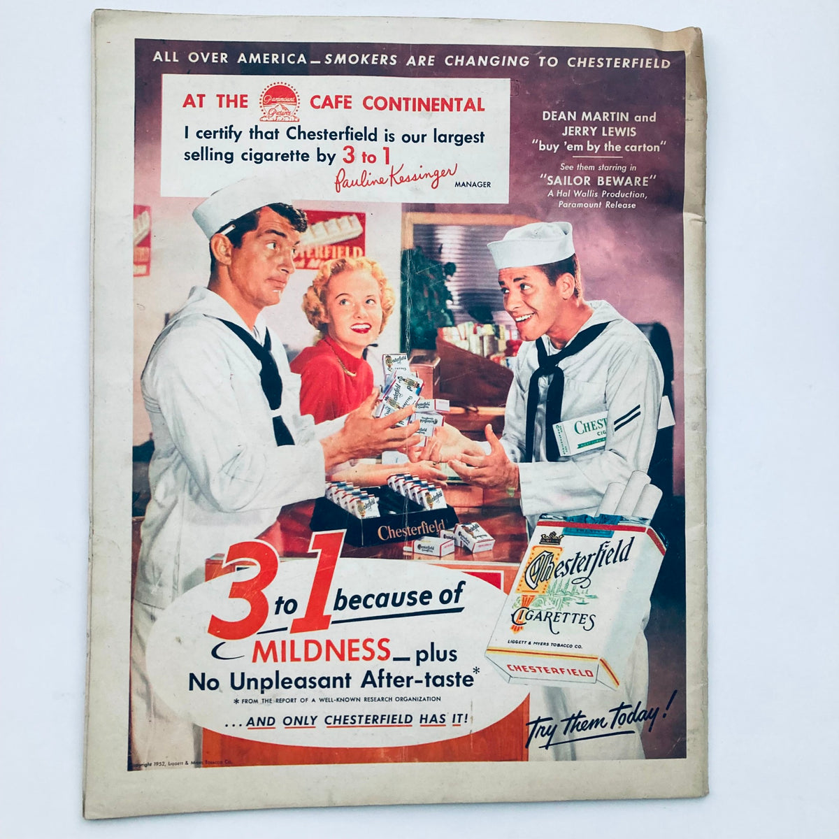 Back cover of VTG Look Magazine January 29, 1952 Vol 16 No. 3, advertising Chesterfield cigarettes in a vintage promotional style.
