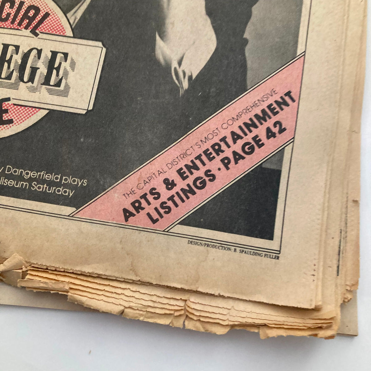 Close-up of VTG Metroland Newspaper September 22 1983 edition featuring Rodney Dangerfield, with visible creases and text highlighting 'The Capital District's Most Comprehensive Arts & Entertainment Listings'.
