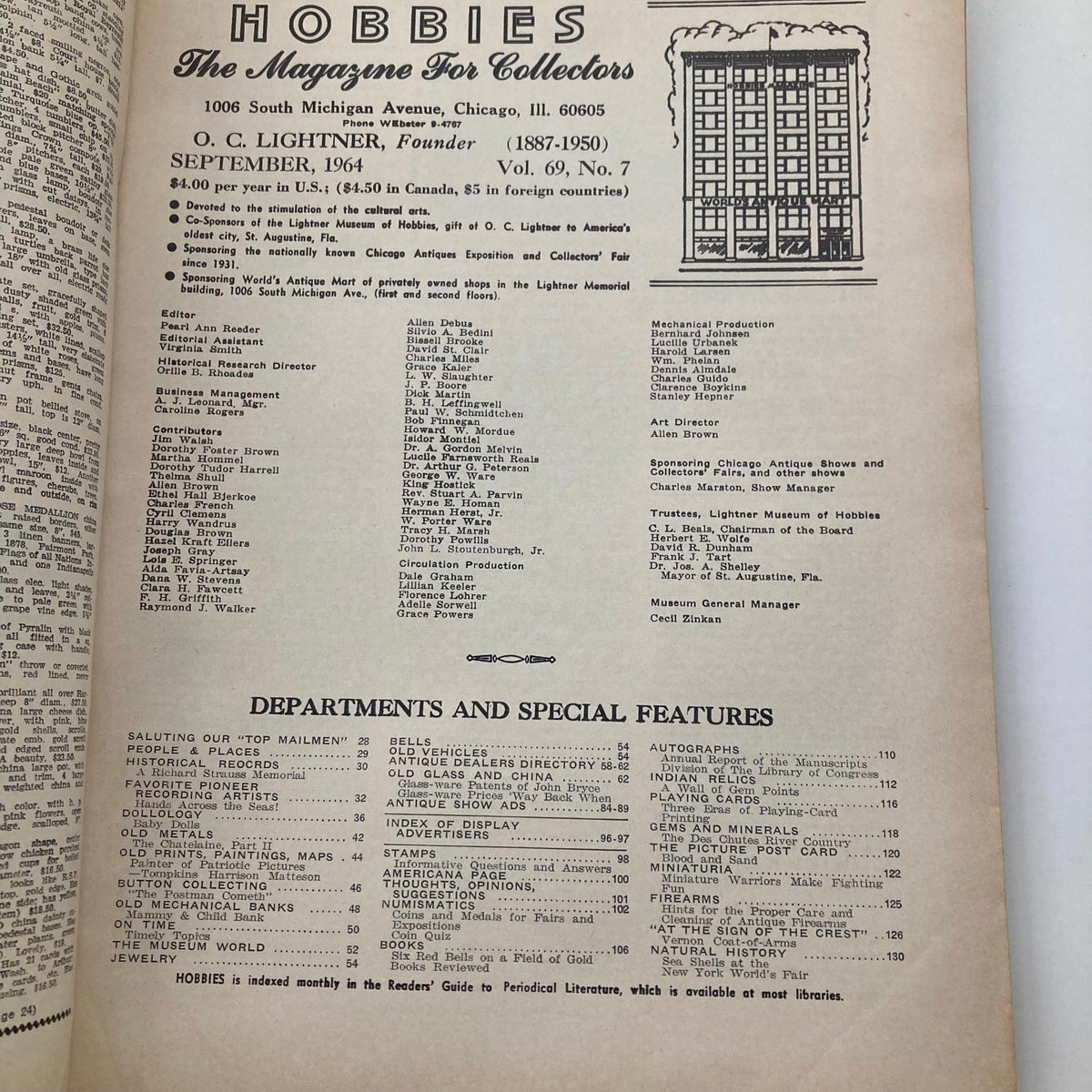 Interior page of VTG Hobbies Magazine September 1964 Vol 69 No. 7 showcasing the contents and contributors of the magazine for collectors.