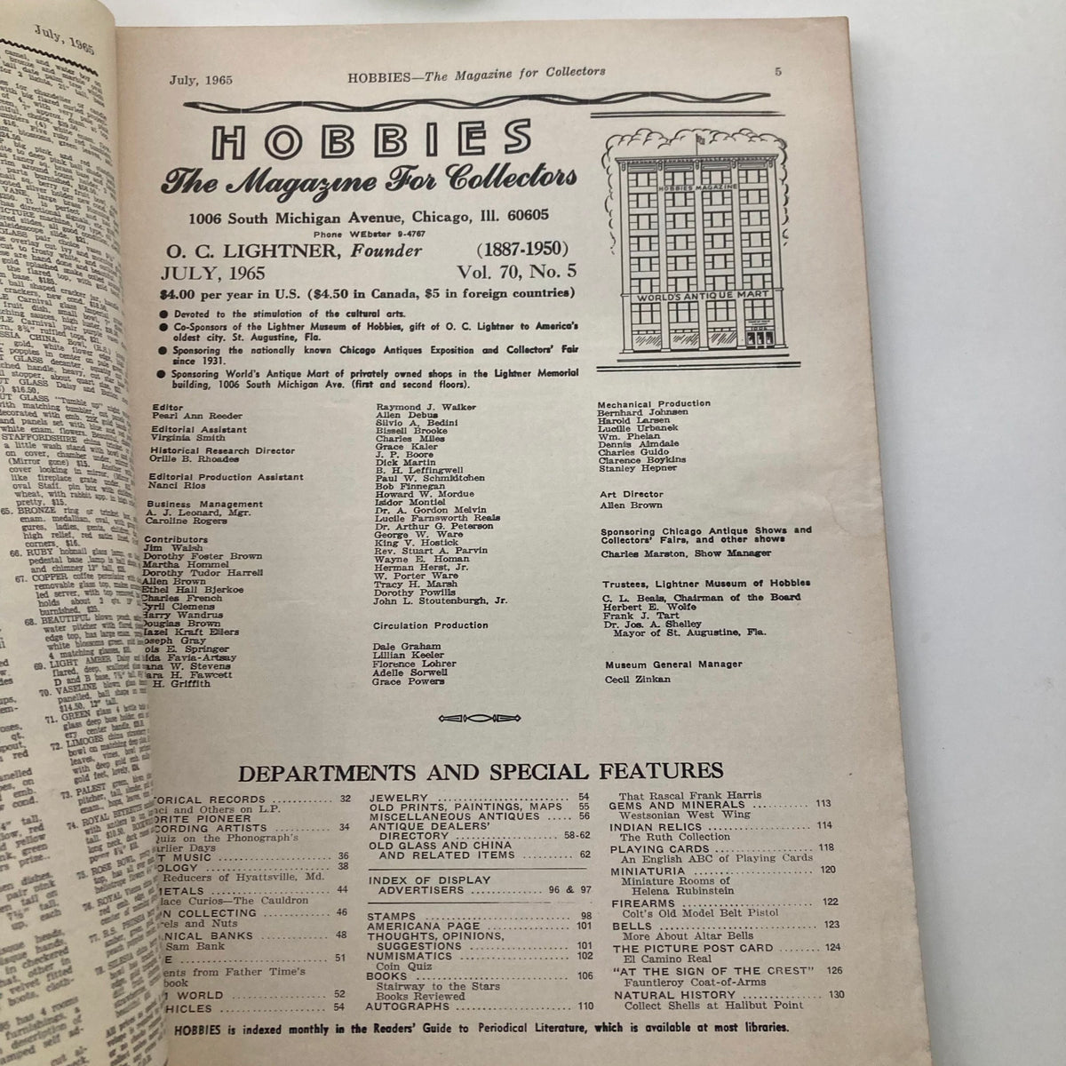 Interior page of VTG Hobbies Magazine July 1965 Vol 70 No. 5, displaying the magazine contents and editorial information, emphasizing its role as a resource for collectors.