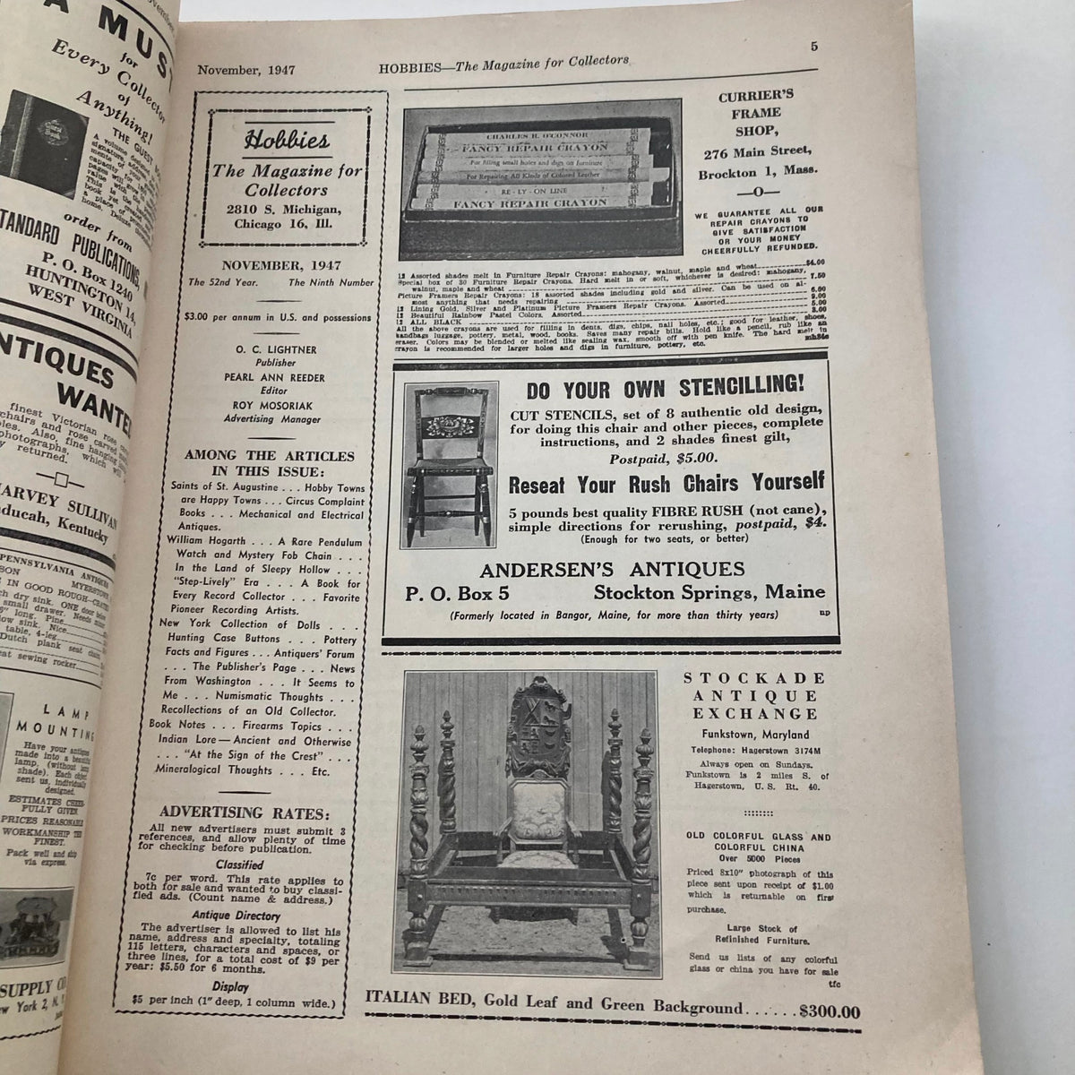 Inside page of VTG Hobbies Magazine November 1947 No. 9 featuring various antique advertisements and articles for collectors.