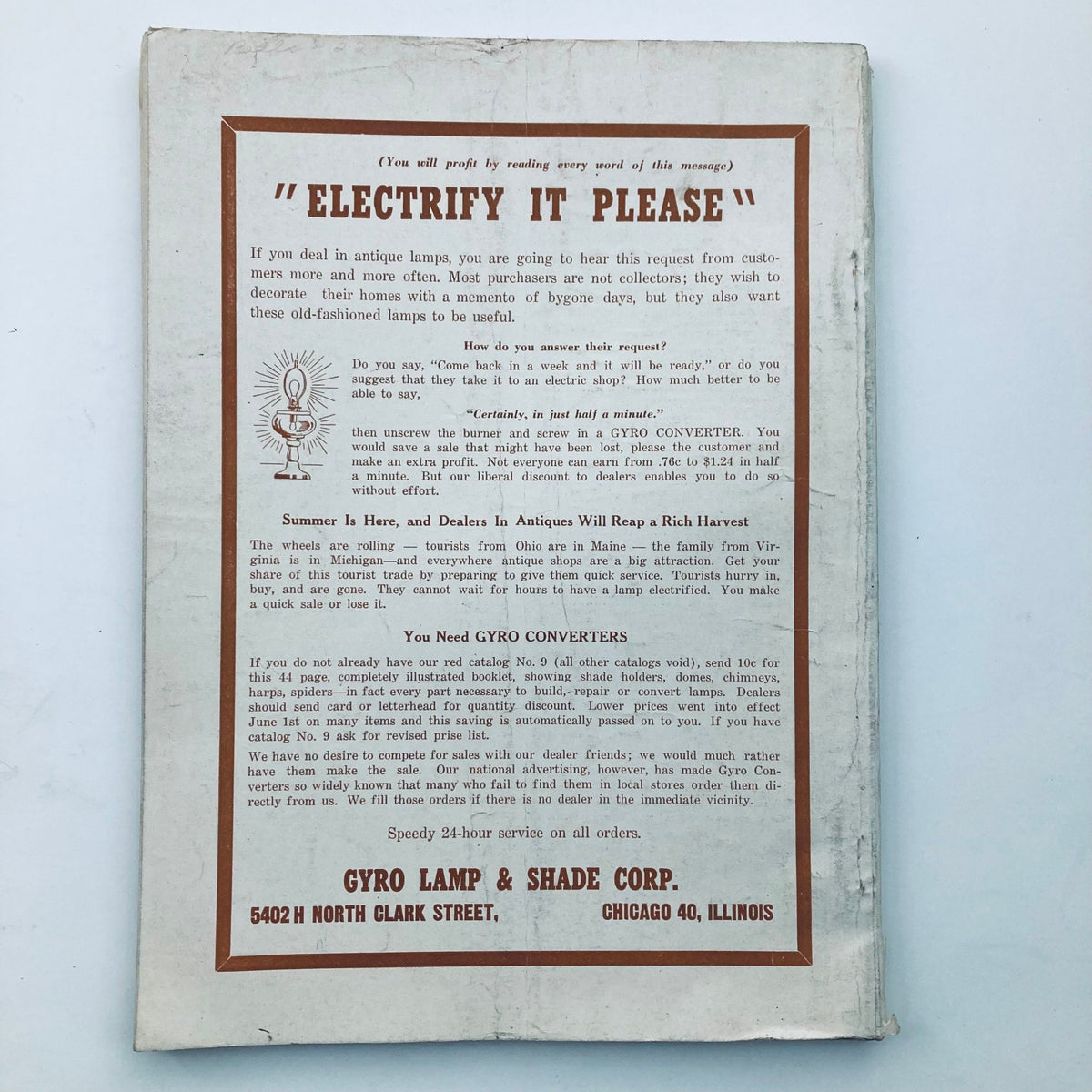 Back cover of VTG Hobbies Magazine August 1949 featuring an advertisement for GYRO Lamp & Shade Corp with how to electrify antique lamps and a call to action for customers interested in lamp conversion services.