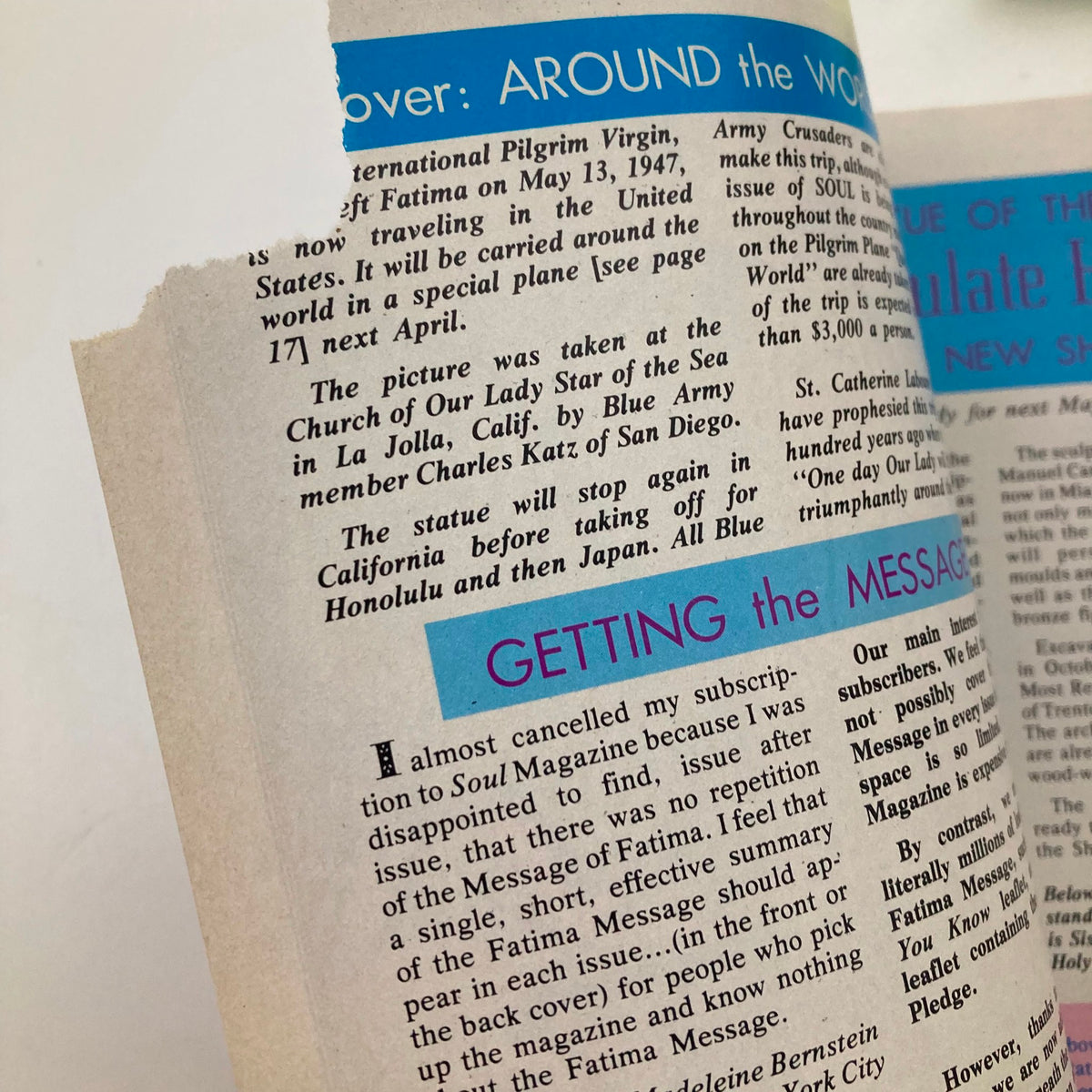 Inside page of VTG Soul Magazine November 1977 discussing the Statue of the Immaculate Heart, featuring text about the significance and history of the statue.