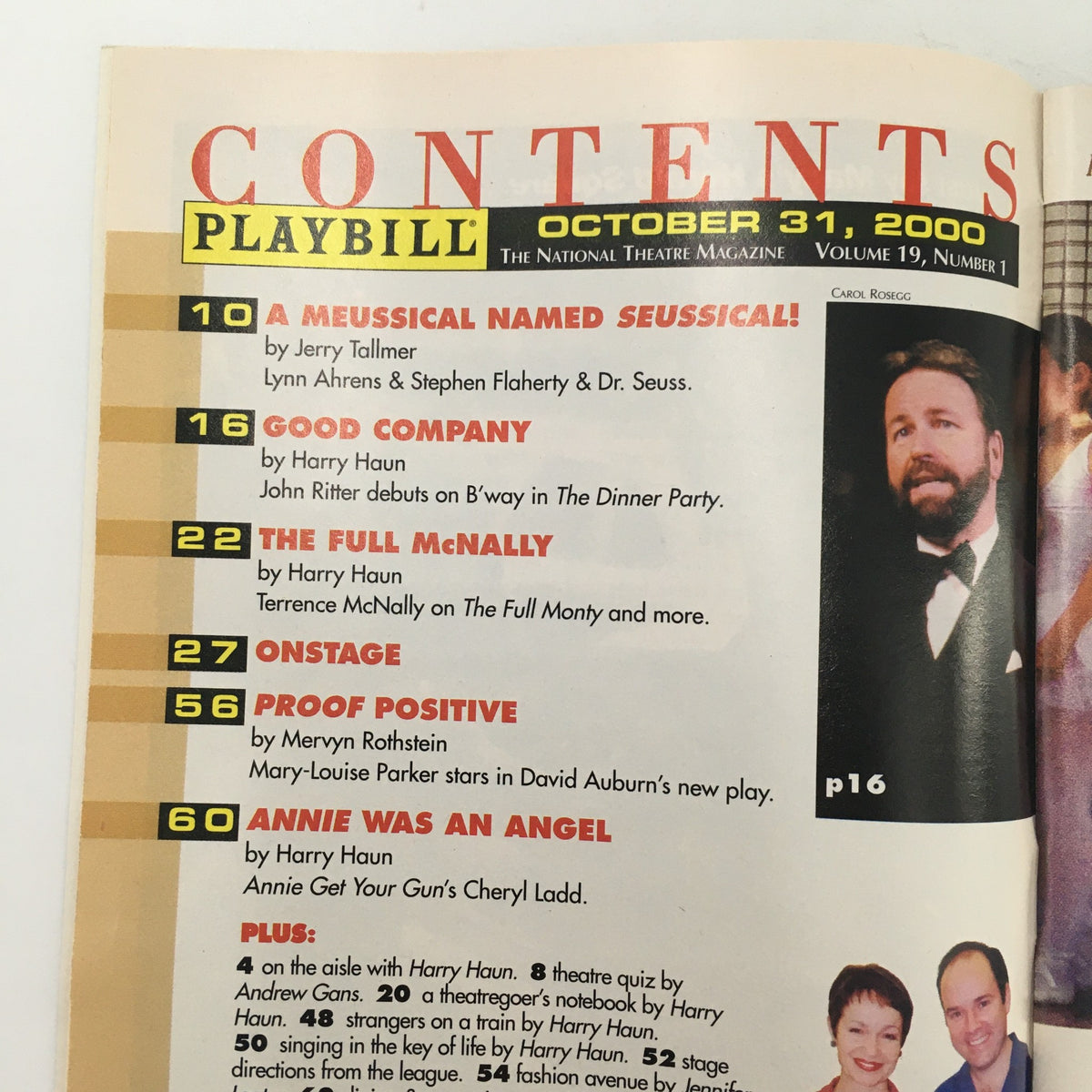 Contents page of the 2000 Playbill for 'Cobb' showcasing advertising and articles from the Lucille Lortel Theatre.