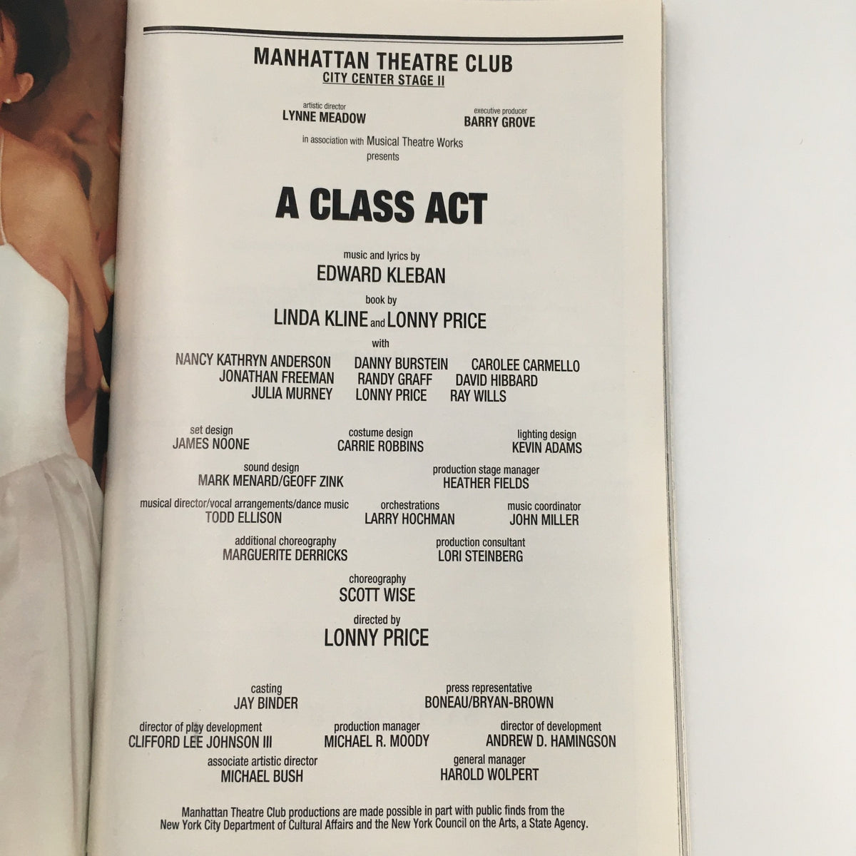 Inside page of the Playbill for 'A Class Act', detailing the cast and creative team, including music and lyrics by Edward Kleban.