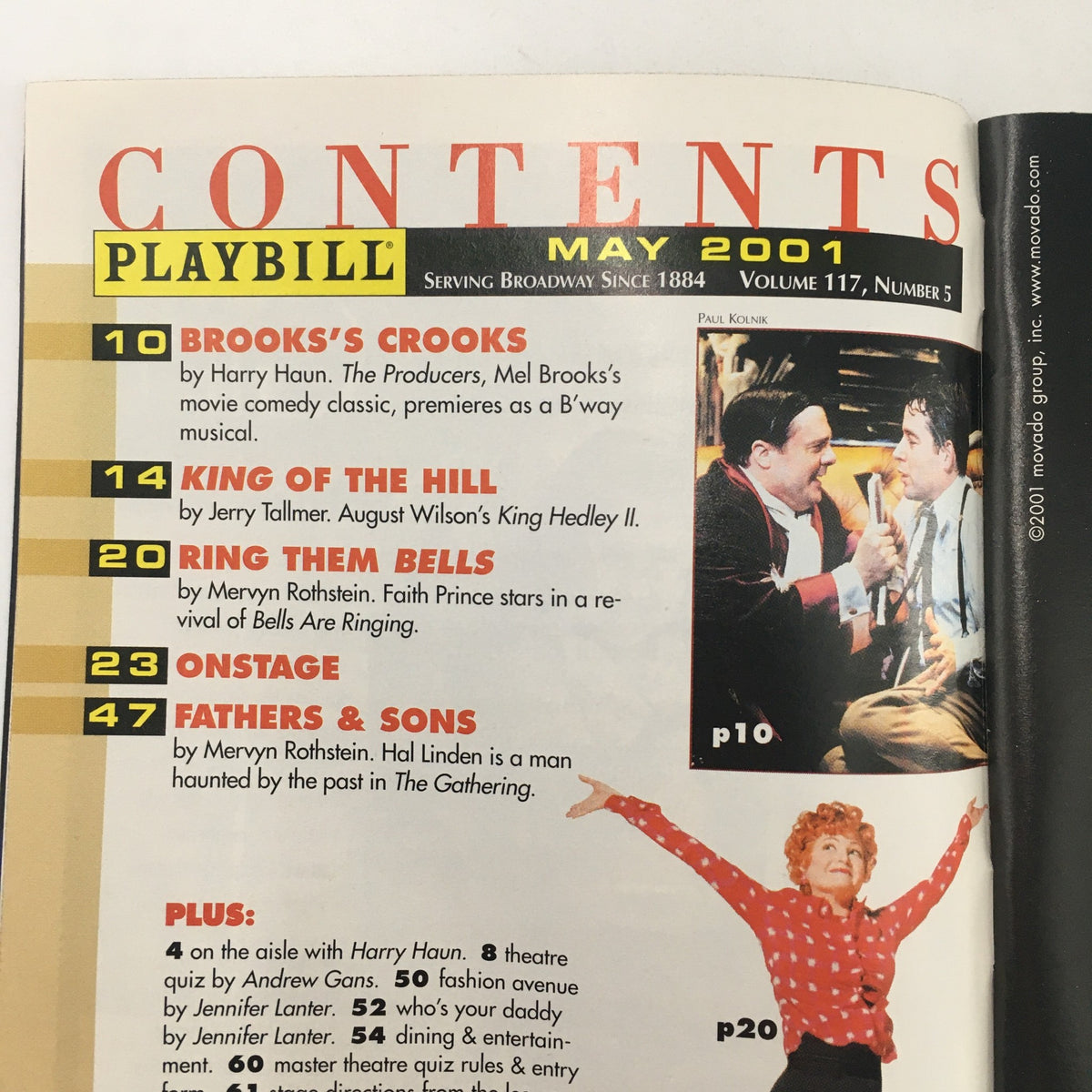 Interior page of the 2001 Playbill from Lincoln Center Mitzi E. Newhouse, detailing the contents for May 2001 including listings for 'Brooks' Crooks' and 'King of the Hill'.