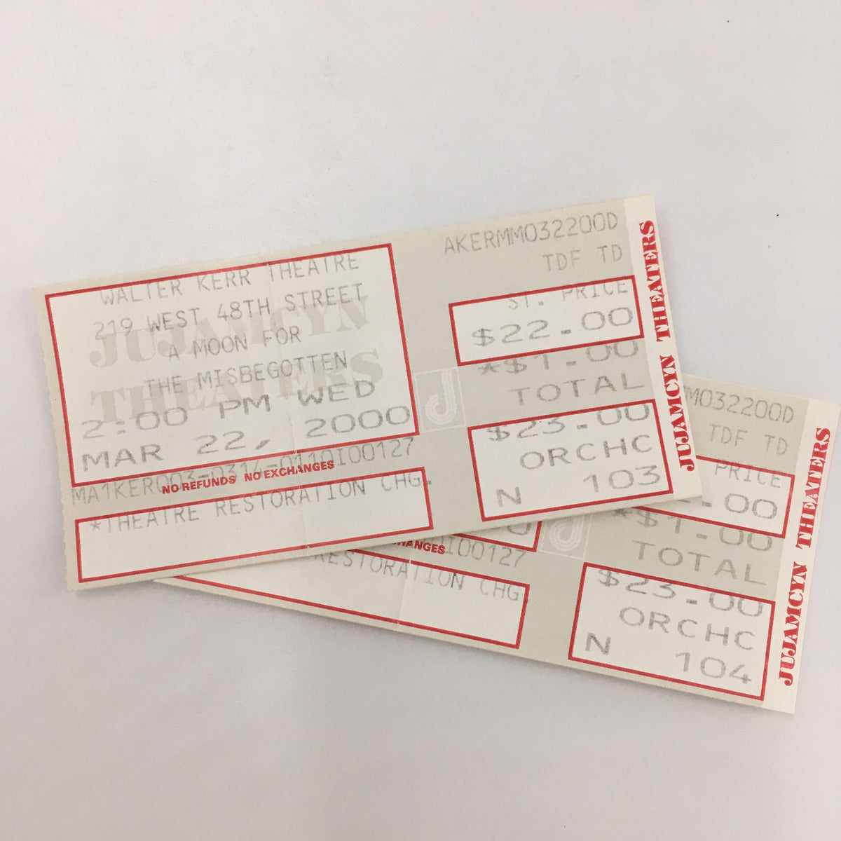 Original tickets from the 2000 production of 'A Moon For The Misbegotten' at Walter Kerr Theatre, dated March 22, 2000.