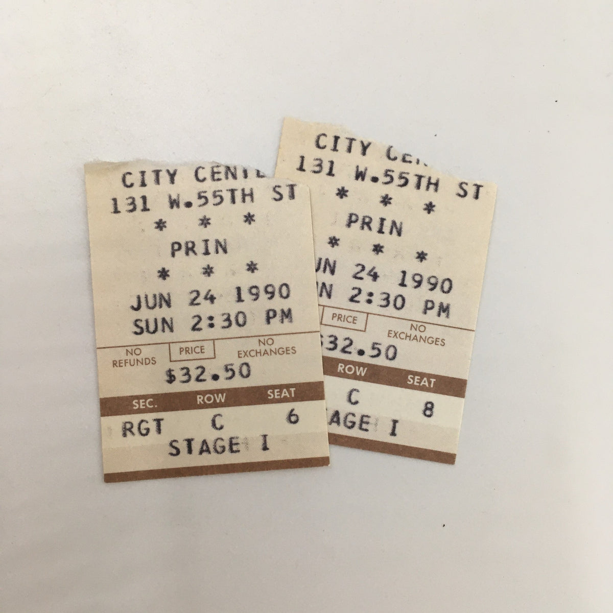 Two original ticket stubs for 'Prin' by Andrew Davies at City Center Theater, dated June 24, 1990, showcasing the performance details including price and seating information.