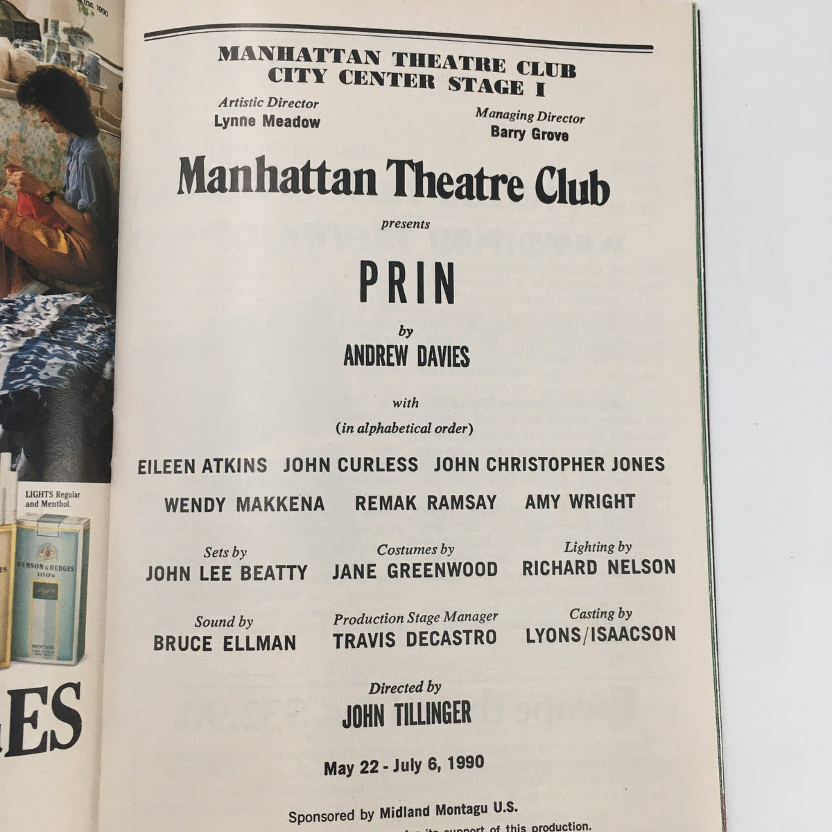Page from the 1990 Playbill for 'Prin' by Andrew Davies, displaying the production details, cast, and crew information, showcasing the Manhattan Theatre Club's presentation.
